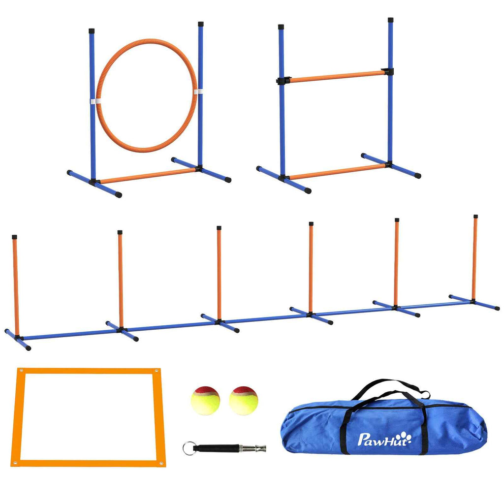 PawHut Dog Agility Set with Ring and Jump Bar, Slalom Poles, Whistle, Balls and Bag, Orange