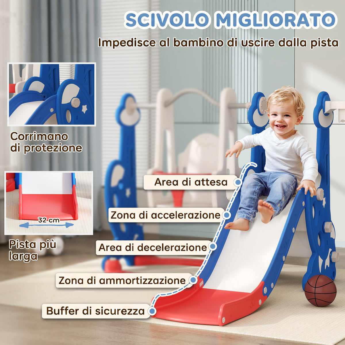 AIYAPLAY 4-in-1 Baby Slide with Swing, Climbing Ladder and Basketball Hoop, 18-48 Months, Dark Blue