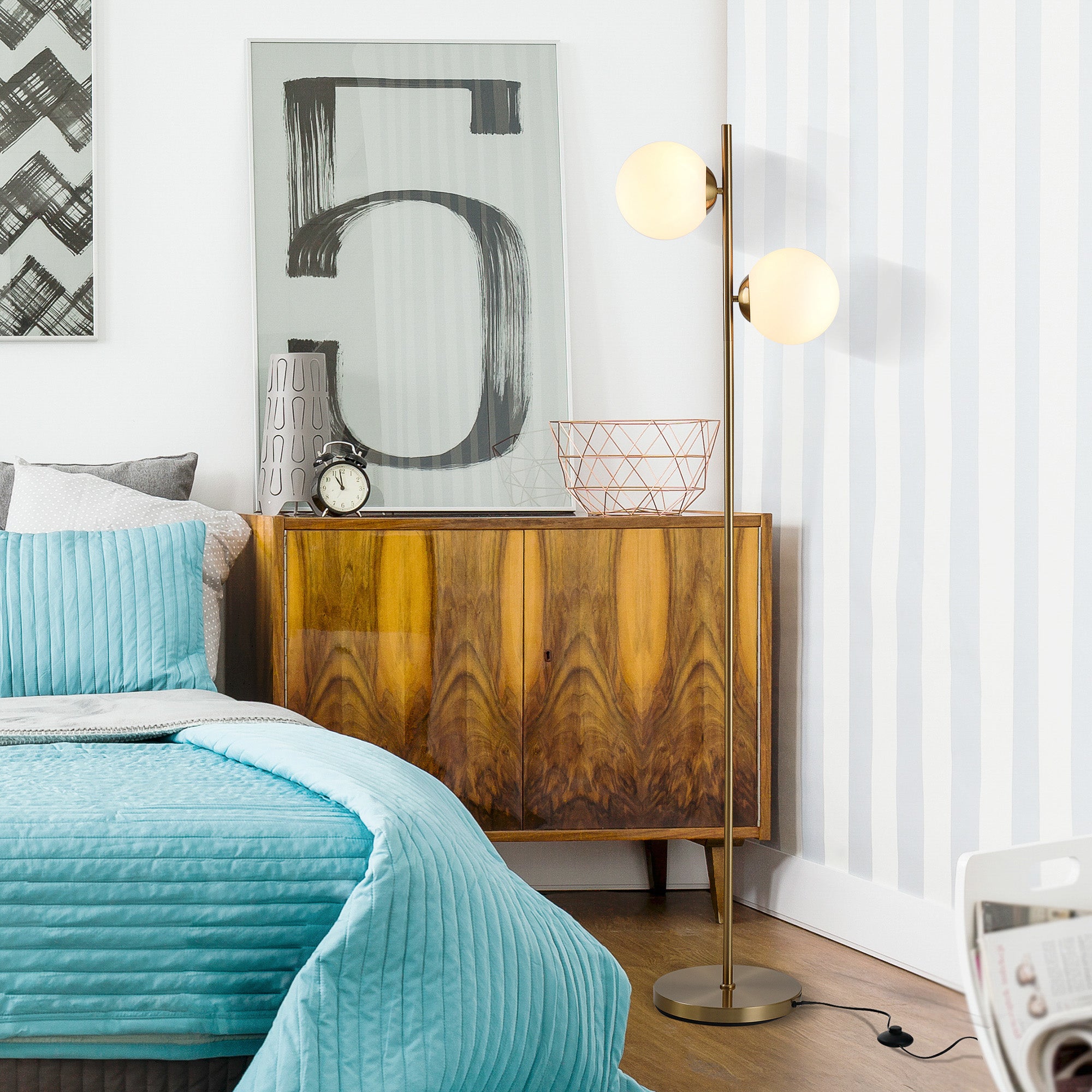 Floor Lamp with 2 Lights and Sphere Lampshades, Foot Switch and E27 Socket, Ø28x165 cm, Gold