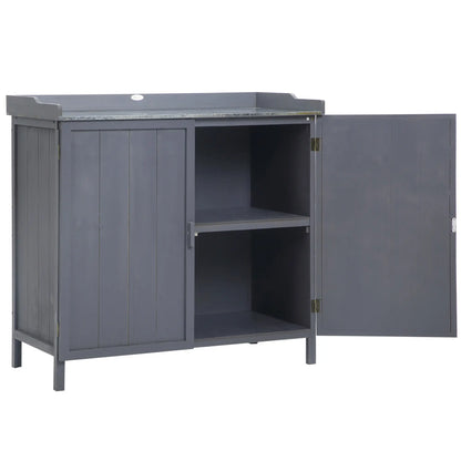 Outdoor Wooden Cabinet with Metal Top and 2 Tool Shelves, 98x48x95.5 cm, Grey