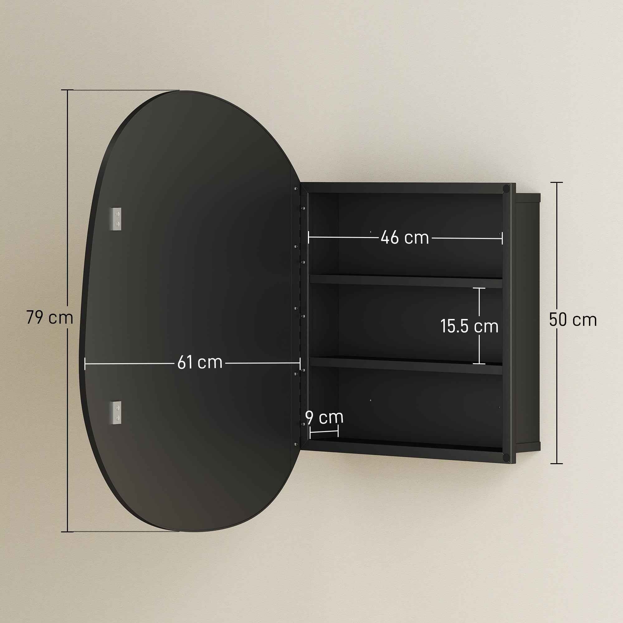 Bathroom Mirror Cabinet with 3 Internal Shelves, in Aluminum and Metal, 61x12x79 cm, Black