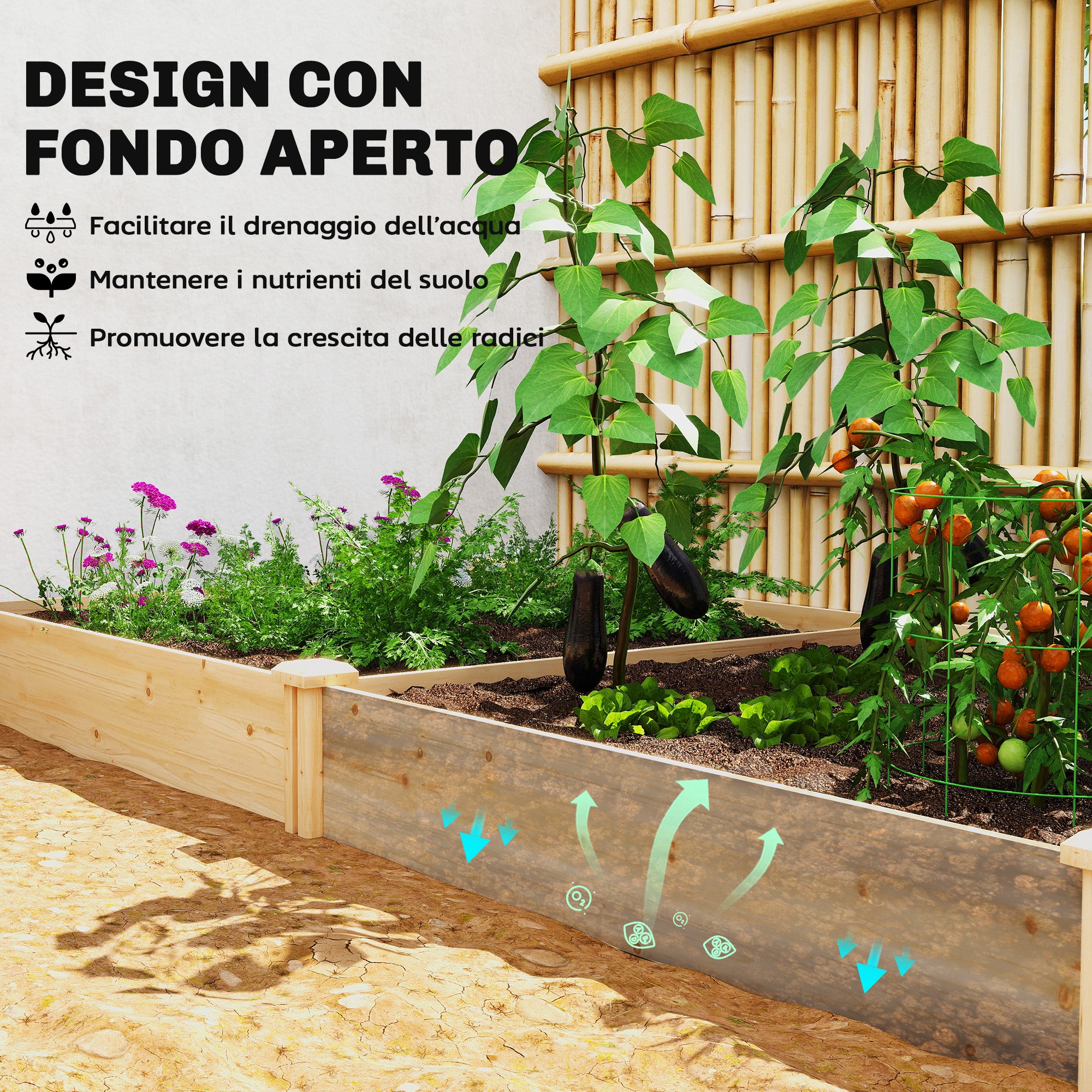 Outsunny Vegetable Garden in Box with Central Divider and Open Bottom, in Fir Wood, 235x121x26 cm, Wood Color