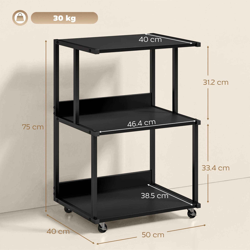 HOMCOM 3-Tier Printer Stand with Wheels, Industrial Metal Office Table, Black.