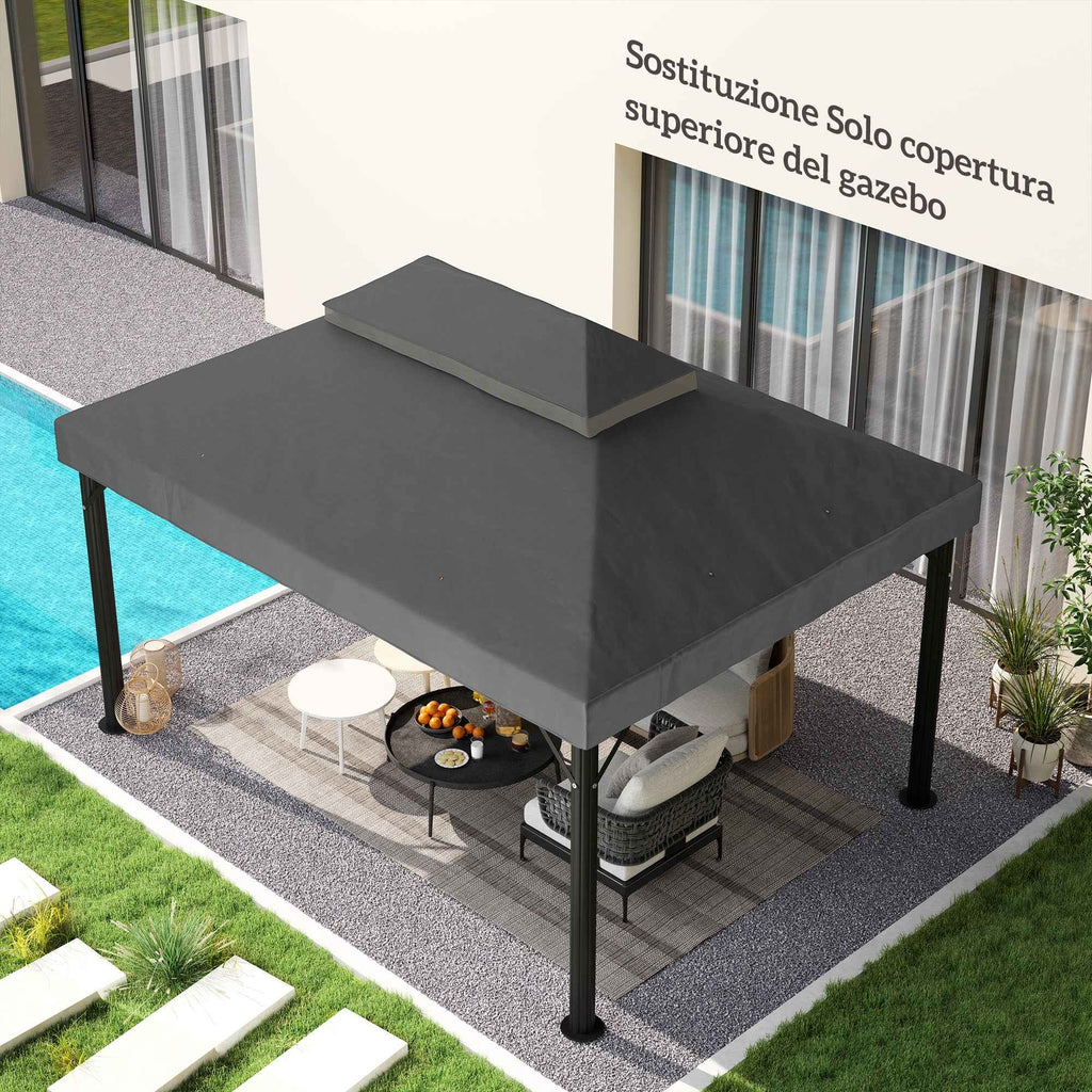 Outsunny 3x4m 2-Tier Garden Gazebo Cover in 600D Oxford Fabric with Drainage Holes, Dark Grey