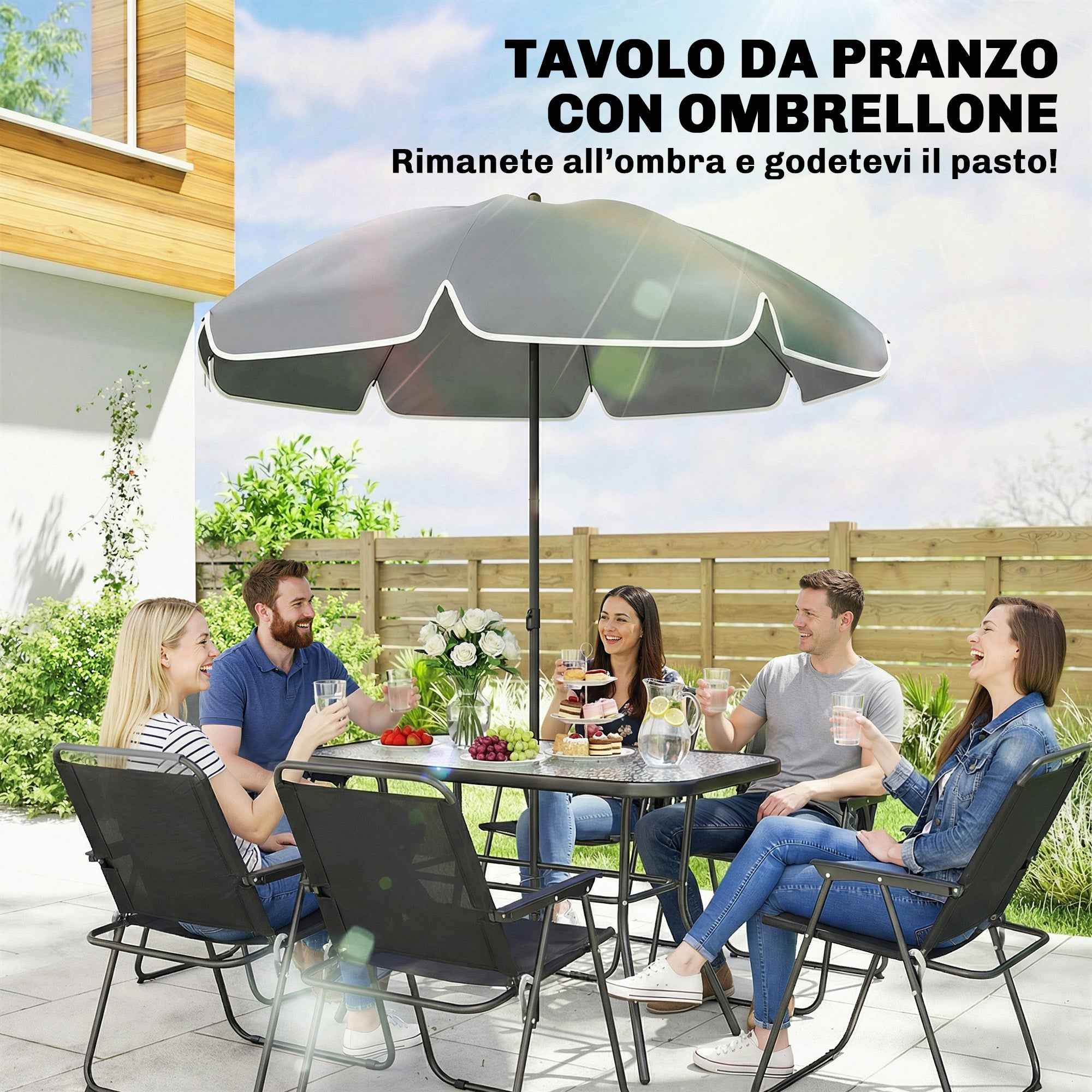 Outsunny 8-Piece Garden Set with Umbrella, 6 Folding Chairs and Tempered Glass Outdoor Table, Black
