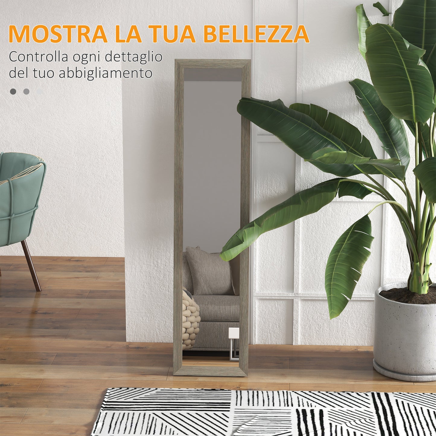 Vertical Wall or Floor Mirror with MDF Frame, 37x40x155 cm, Grey and Transparent