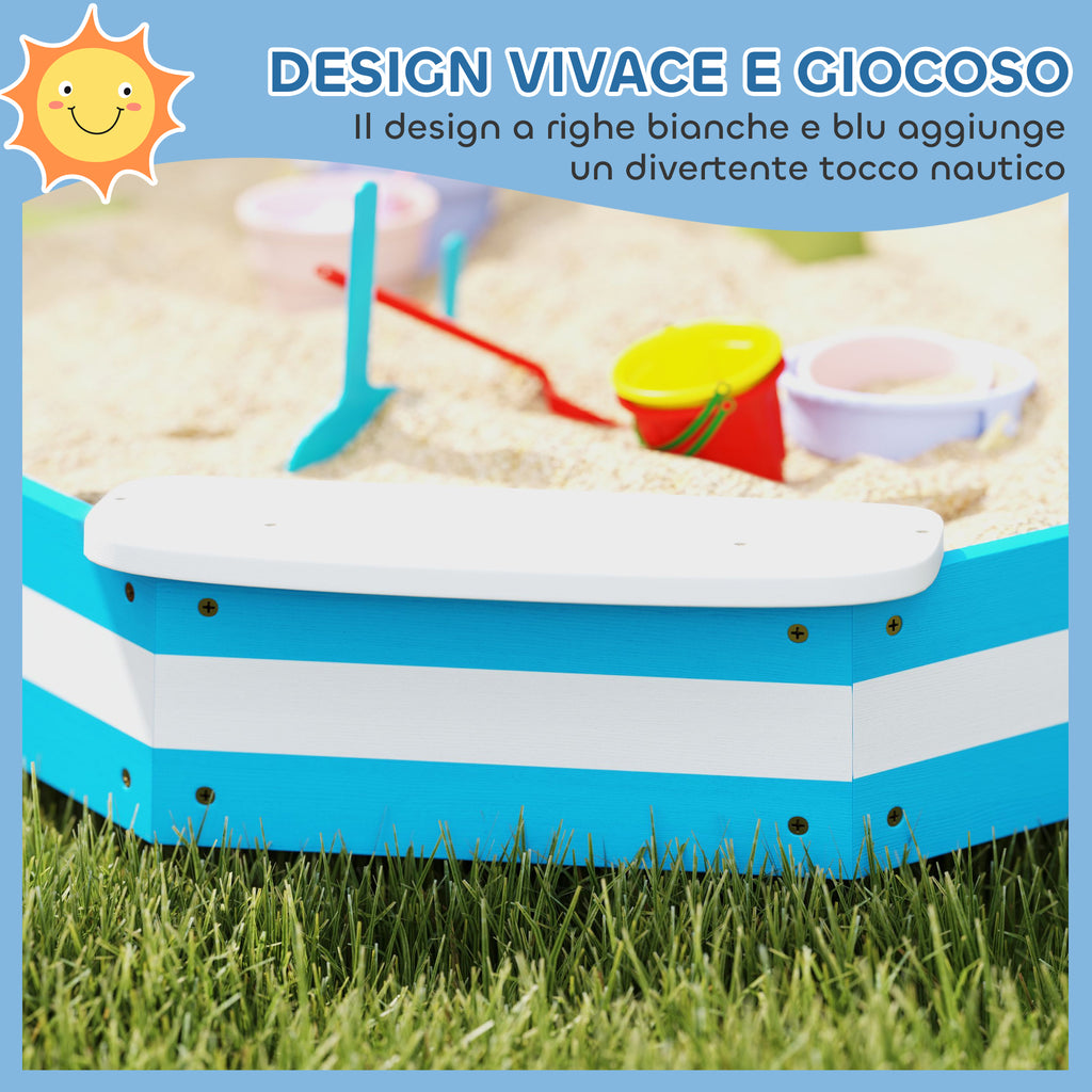 Children's Sandpit with 4 Wooden Corner Seats, Ages 3-6 Years, 133x133x16 cm, Blue and White