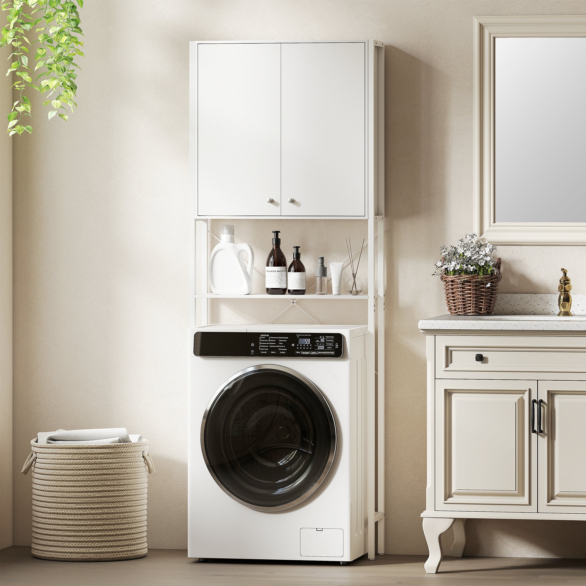 Bathroom Cabinet Above Toilet and Washing Machine with Cabinet and Open Shelf, 64x20x180 cm, White