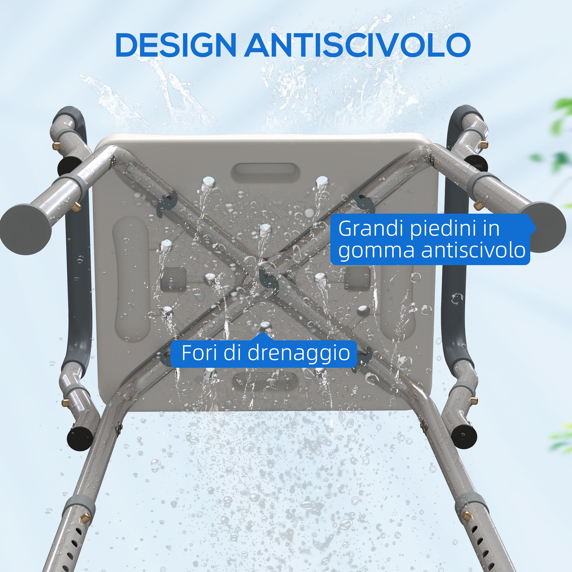 Adjustable Shower Stool with Armrests and Drainage Holes, Made of Aluminum, HDPE and EVA, 52x45x57-69 cm