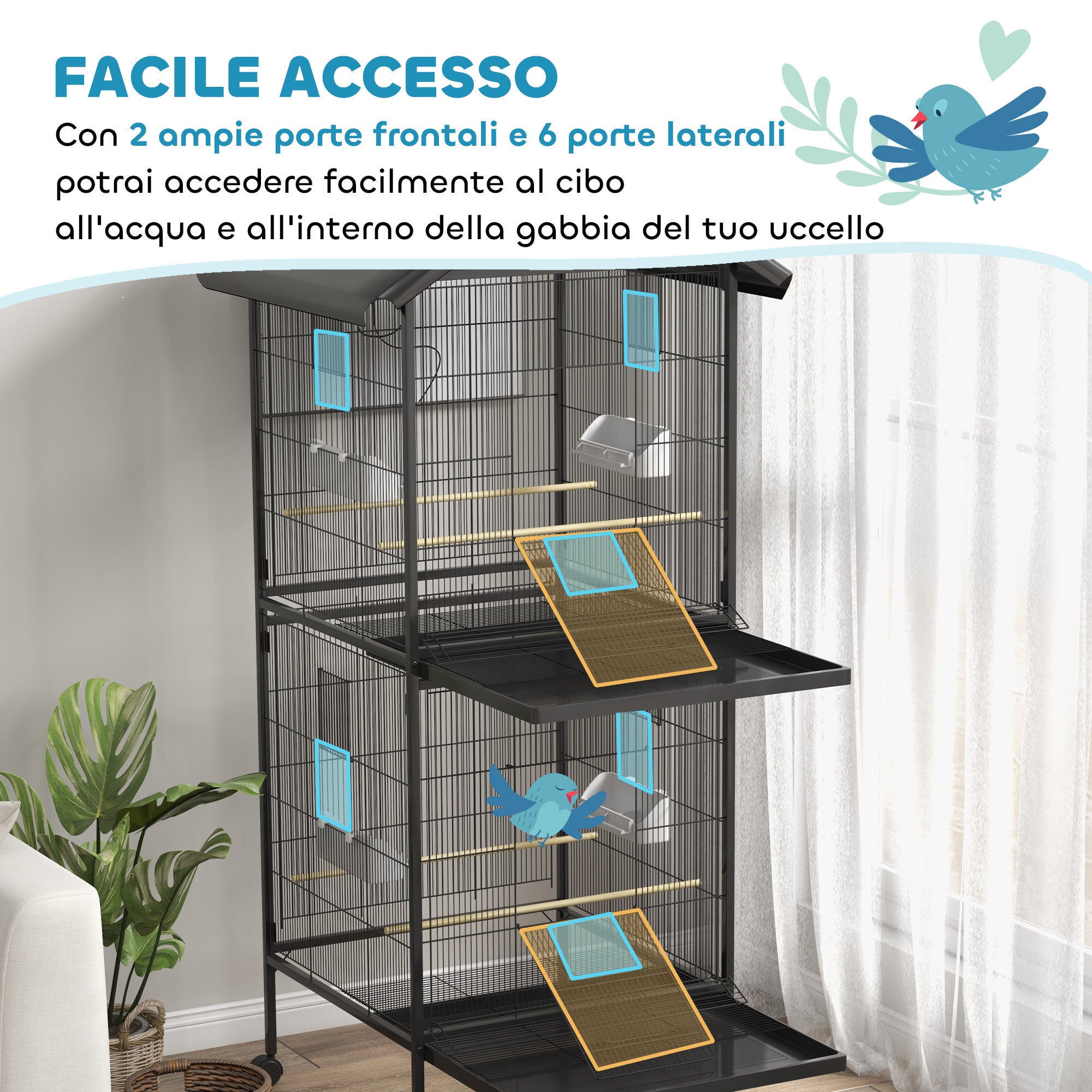 PawHut Wheeled Bird Aviary with Removable Plastic Trays and Perches, Metal, 71.8 x 71.8 x 170.2 cm, Black