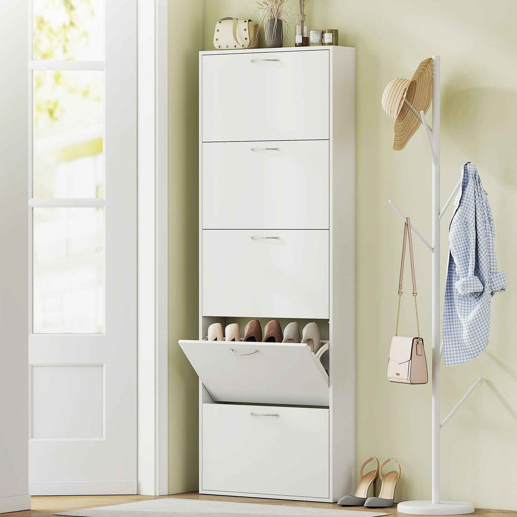HOMCOM 5-Door Anti-Tip Wooden Shoe Rack, 65x17x180.5 cm, White