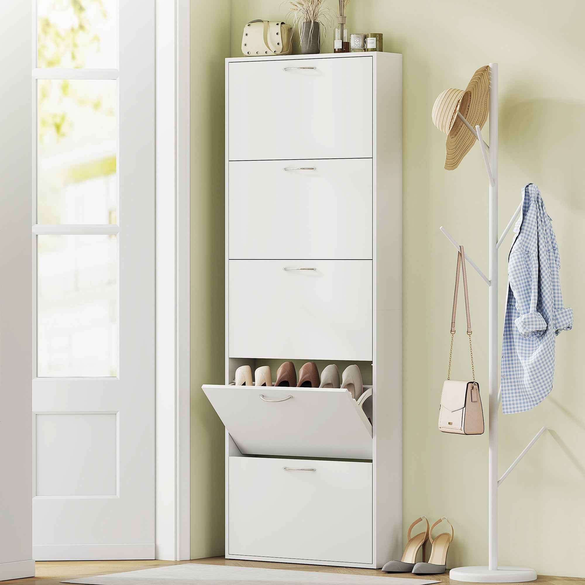 HOMCOM 5-Door Anti-Tip Wooden Shoe Rack, 65x17x180.5 cm, White
