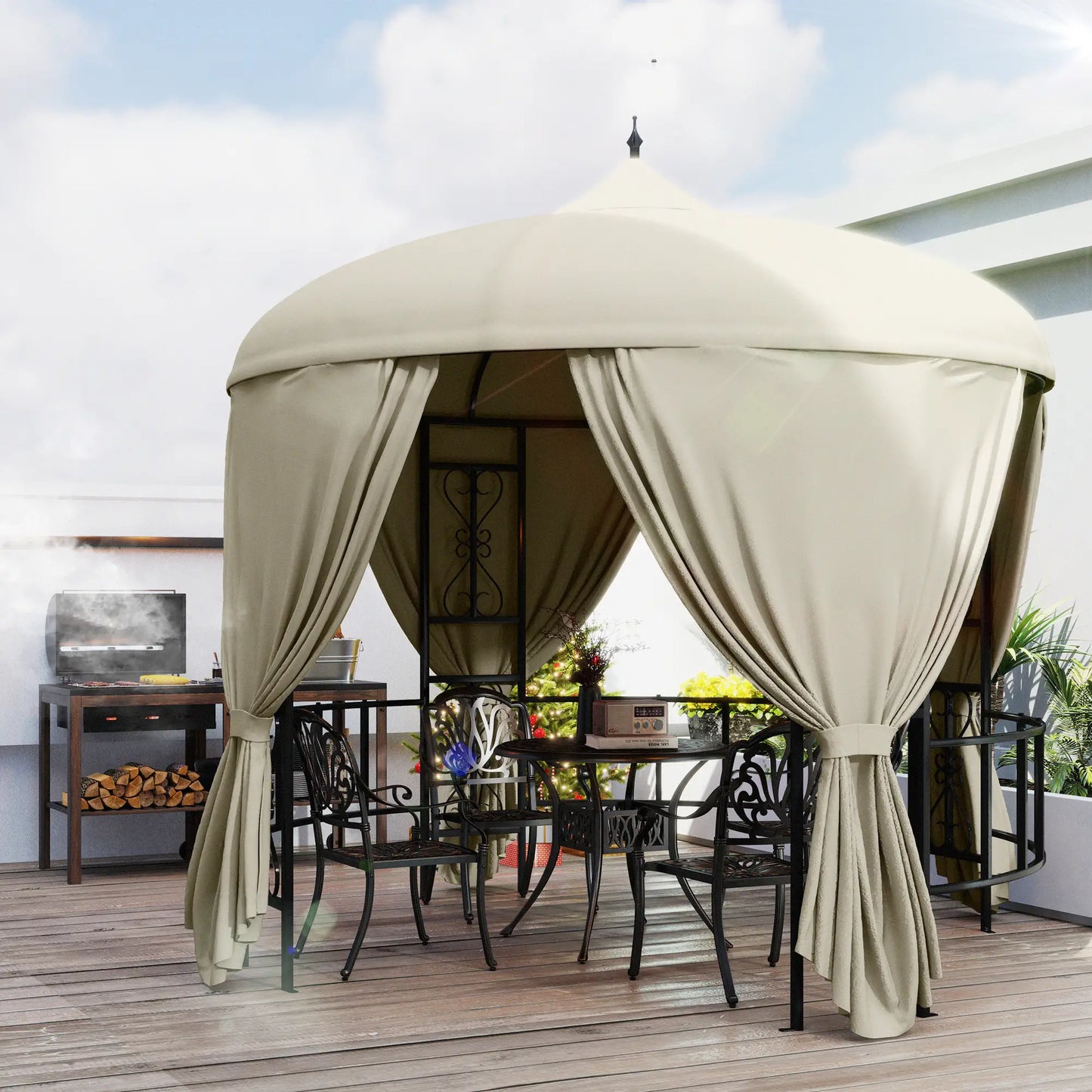 Round Garden Gazebo Ø3m with Curtains and Air Vents in Metal and Polyester, Beige