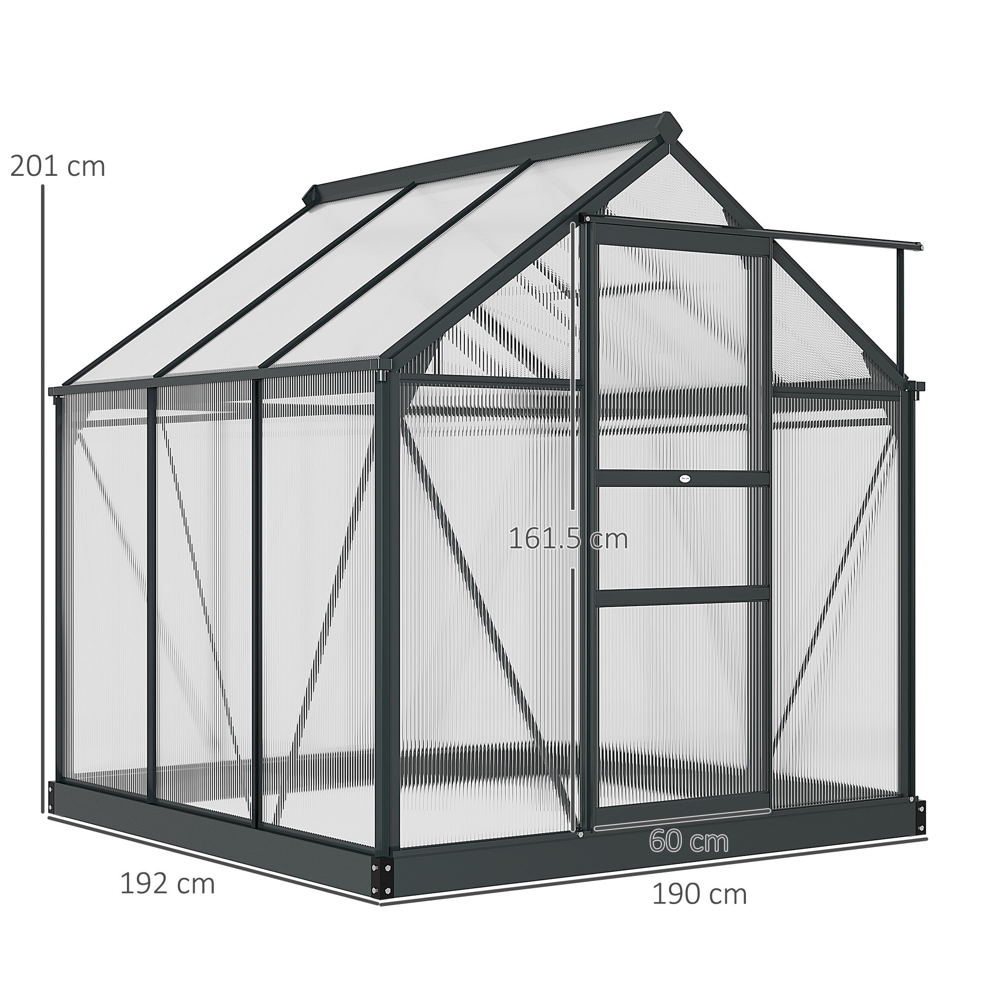 Outsunny Polycarbonate and Aluminum Greenhouse with Sliding Door, Air Intake and Gutter, 1.9x1.9x2m, Gray - Borgè