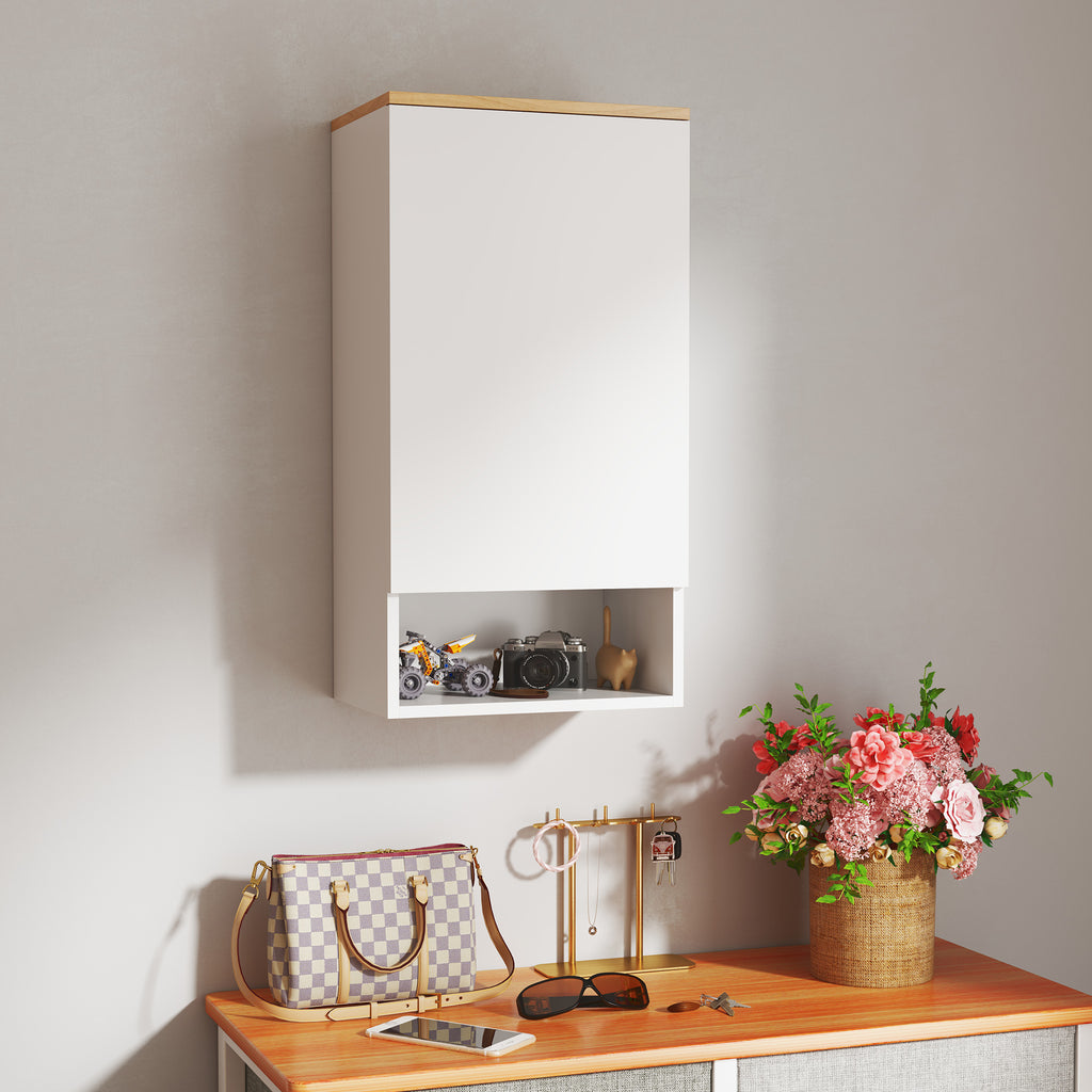 Wall Mounted Bathroom Cabinet with Adjustable Shelves and Open Shelf in Wood and MDF, 40x27x77 cm, White