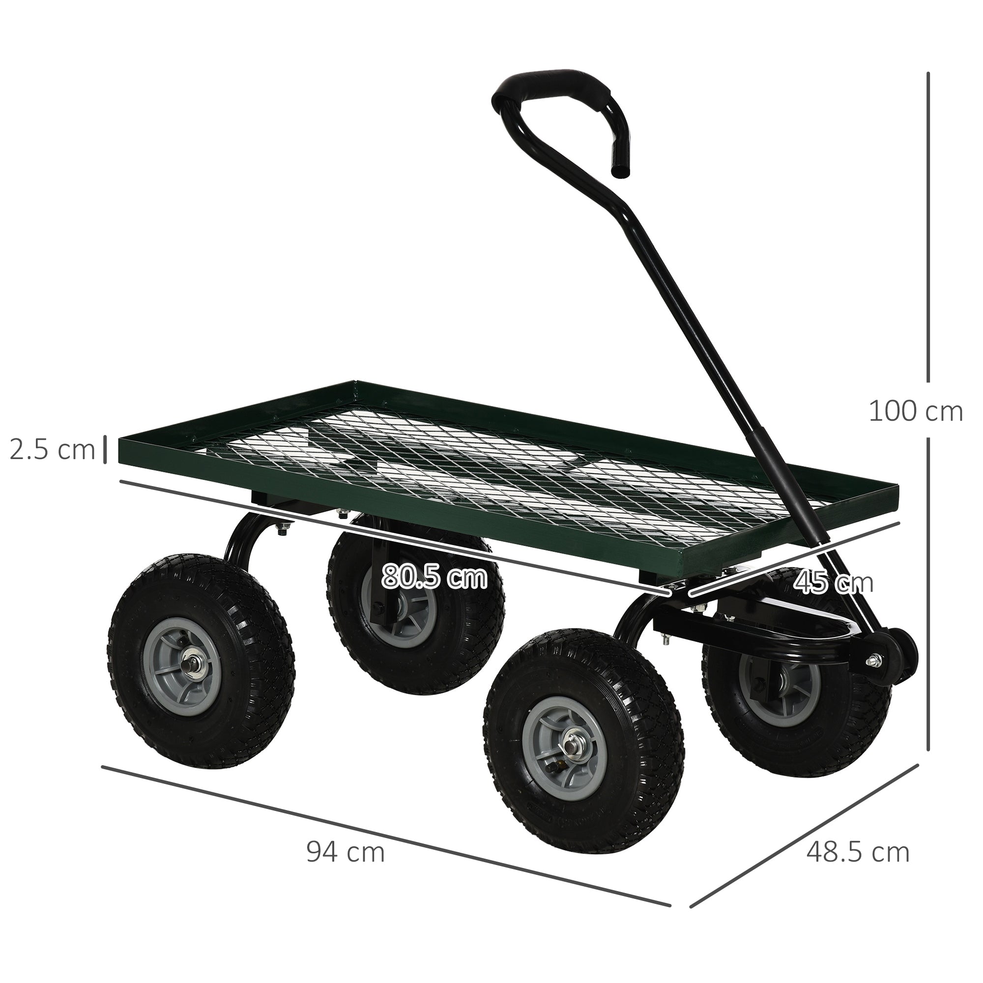 Steel Garden Trolley with 150 kg Capacity and Coated Handle, 94x48.5x100 cm, Black and Green
