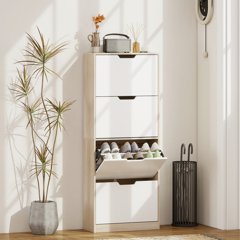 Space-Saving Slim Shoe Rack with 4 Drawers for 20 Pairs of Shoes, 62.5 x 26 x 156 cm, Wood and White