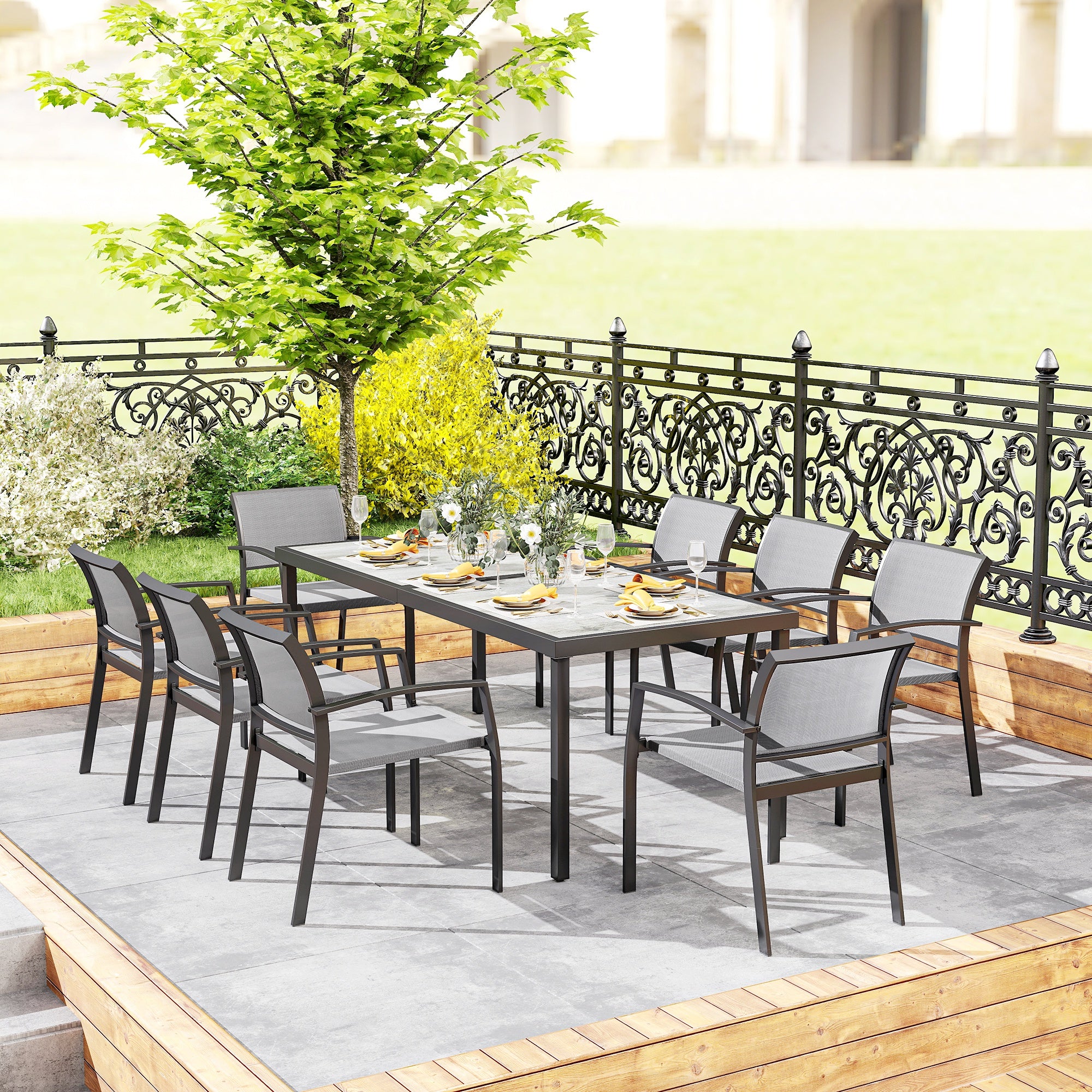 Outsunny Garden Set with Rectangular Dining Table and 8 Stackable Chairs with Armrests, Grey