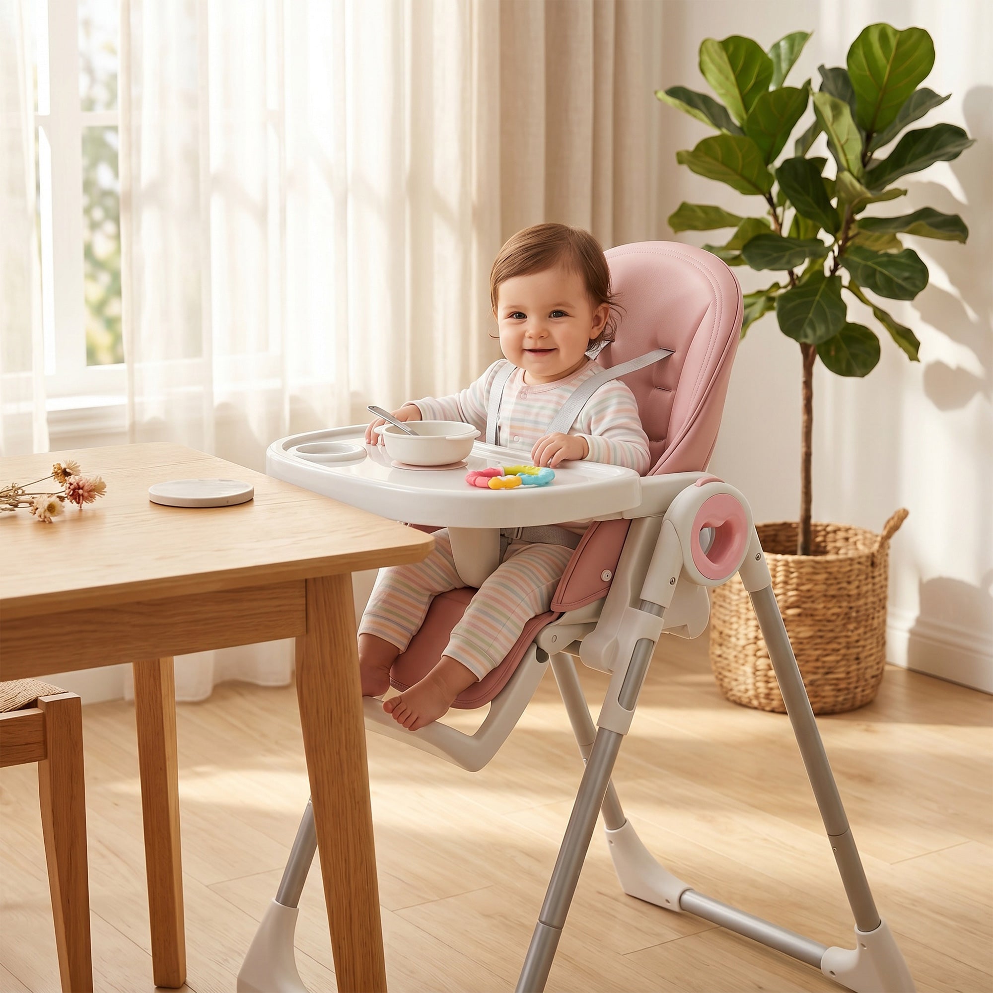 AIYAPLAY Folding High Chair for Babies 6-36 Months with Adjustable Height, Double Washable Tray, Wheels, Pink