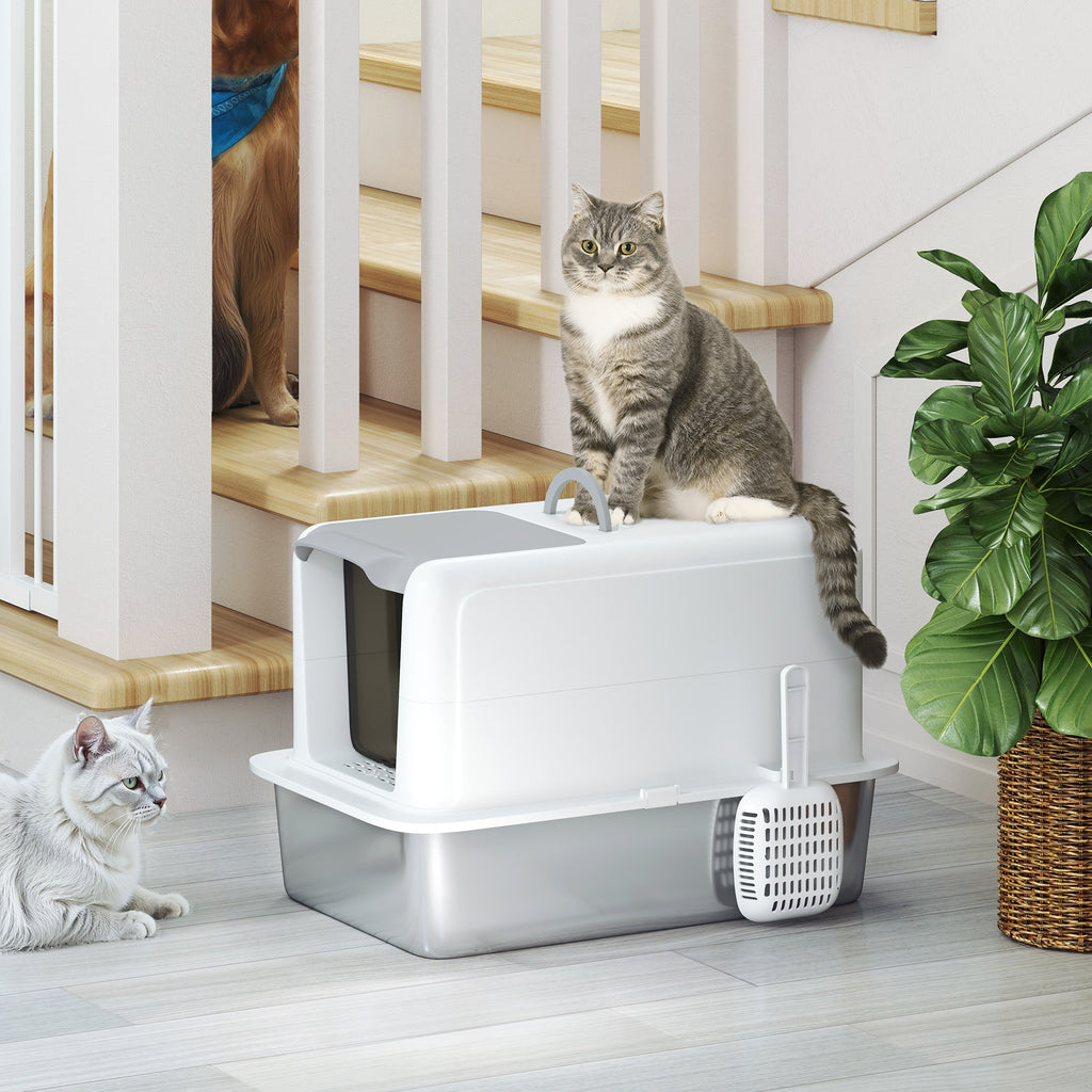Enclosed Cat Litter Box with Steel Tray, Scoop and Filter Bags, PP, 40.5x60.5x41.5 cm, White and Silver