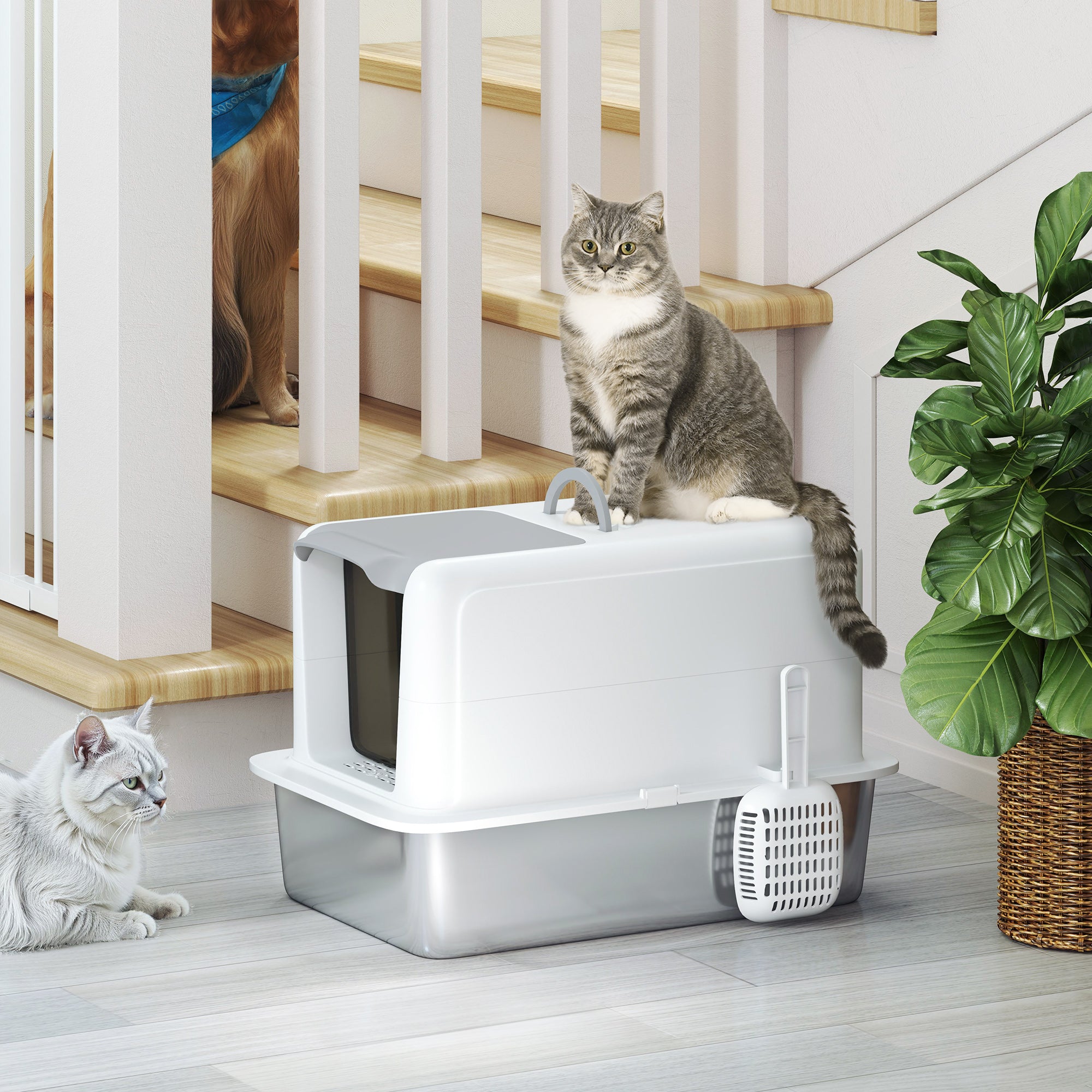 Enclosed Cat Litter Box with Steel Tray, Scoop and Filter Bags, PP, 40.5x60.5x41.5 cm, White and Silver