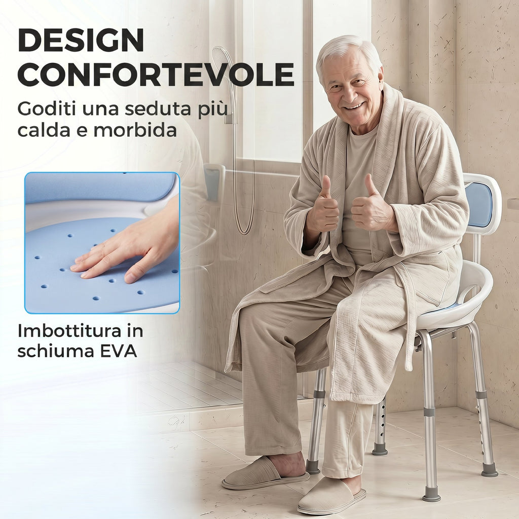 HOMCOM Shower Chair with Backrest and Perforated Seat, 8 Adjustable Heights, Non-Slip, Load Capacity 136kg, Blue