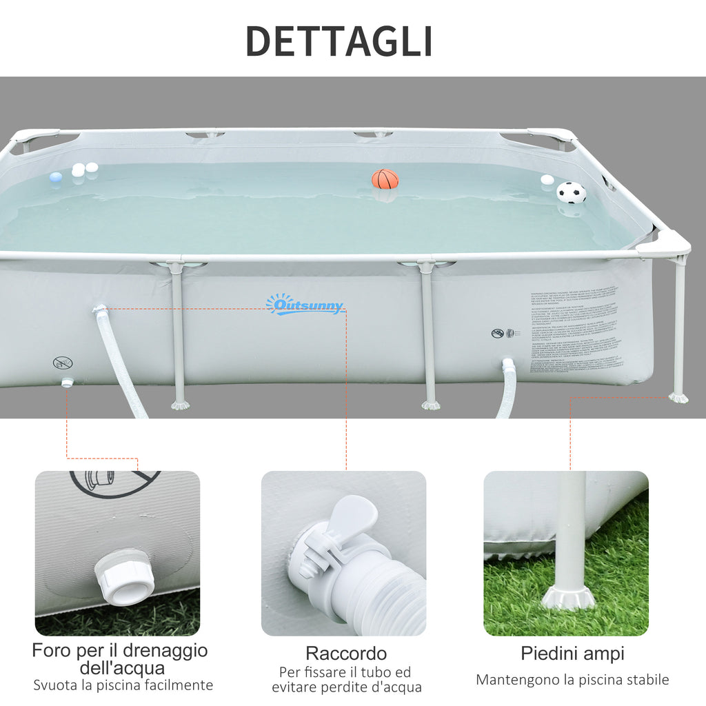 Freestanding Above Ground Pool, Rectangular Rigid Pool with Filter and Valve in Steel and PVC, Grey, 252x152x65cm