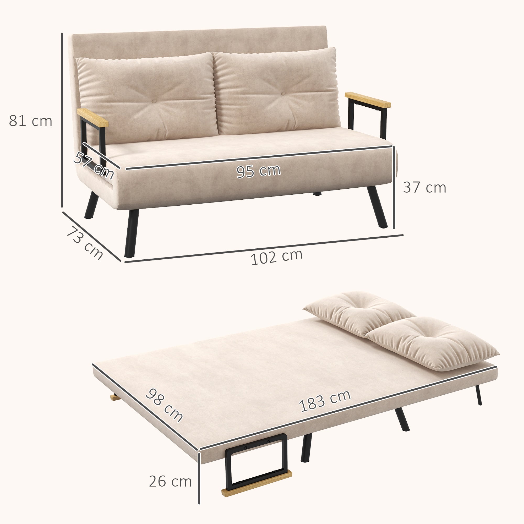 3-in-1 Velvet Fabric Sofa Bed with Adjustable Backrest and 2 Cushions, 102x73x81 cm, Beige