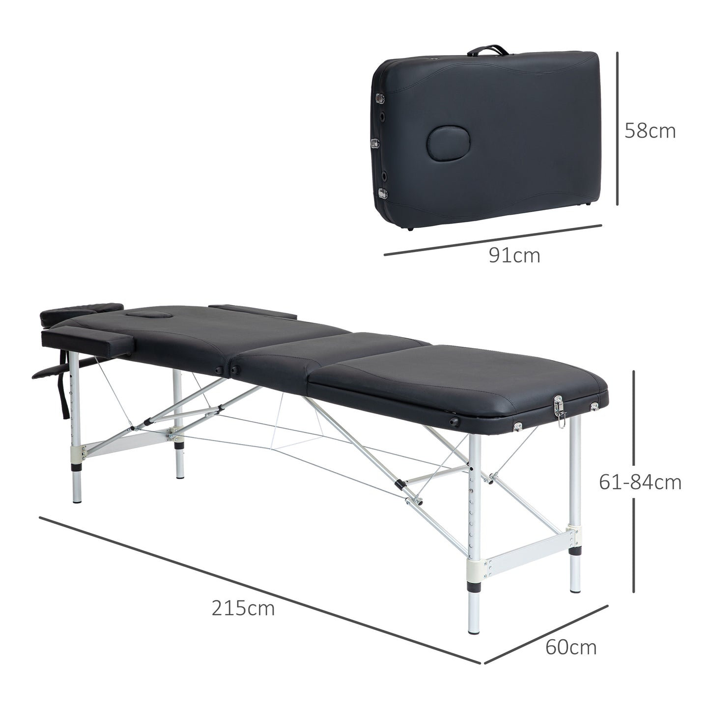 Black Foldable Massage Table with Adjustable Height, in Aluminum and Plastic, 215x60x61-84 cm, Black