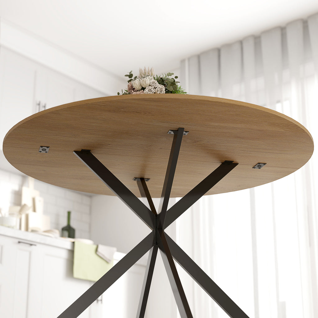 HOMCOM Industrial Style Round Dining Table with Steel Cross Legs, Ø120x75 cm, Oak Color