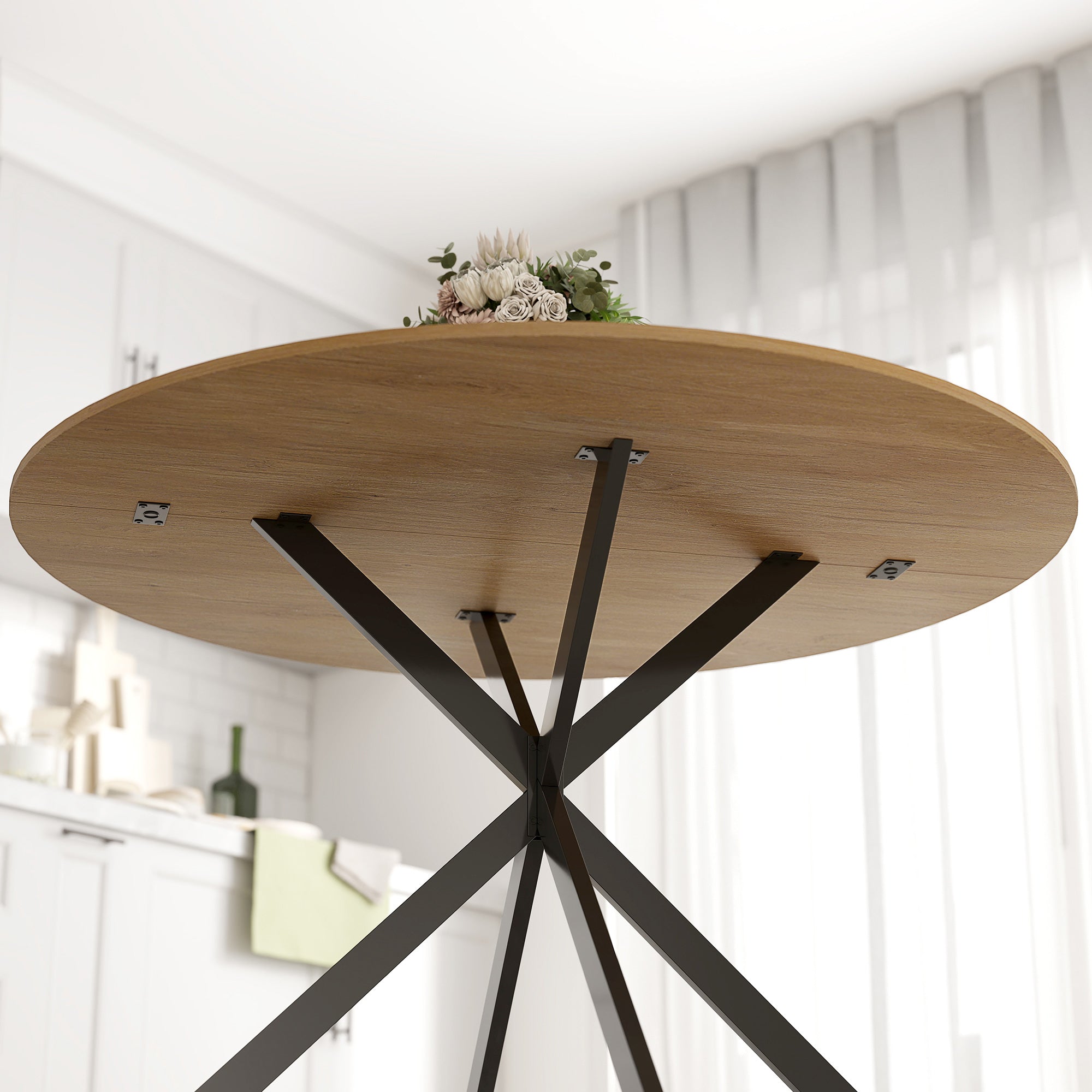 HOMCOM Industrial Style Round Dining Table with Steel Cross Legs, Ø120x75 cm, Oak Color