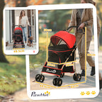 Convertible Dog Stroller with 2 Leashes and Cushion, in Steel and Polyester, 82x49.5x98 cm, Red and Black