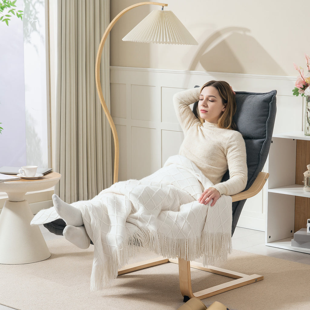 Wooden Relax Chair with Velvet Upholstery and Adjustable Footrest, Dark Grey