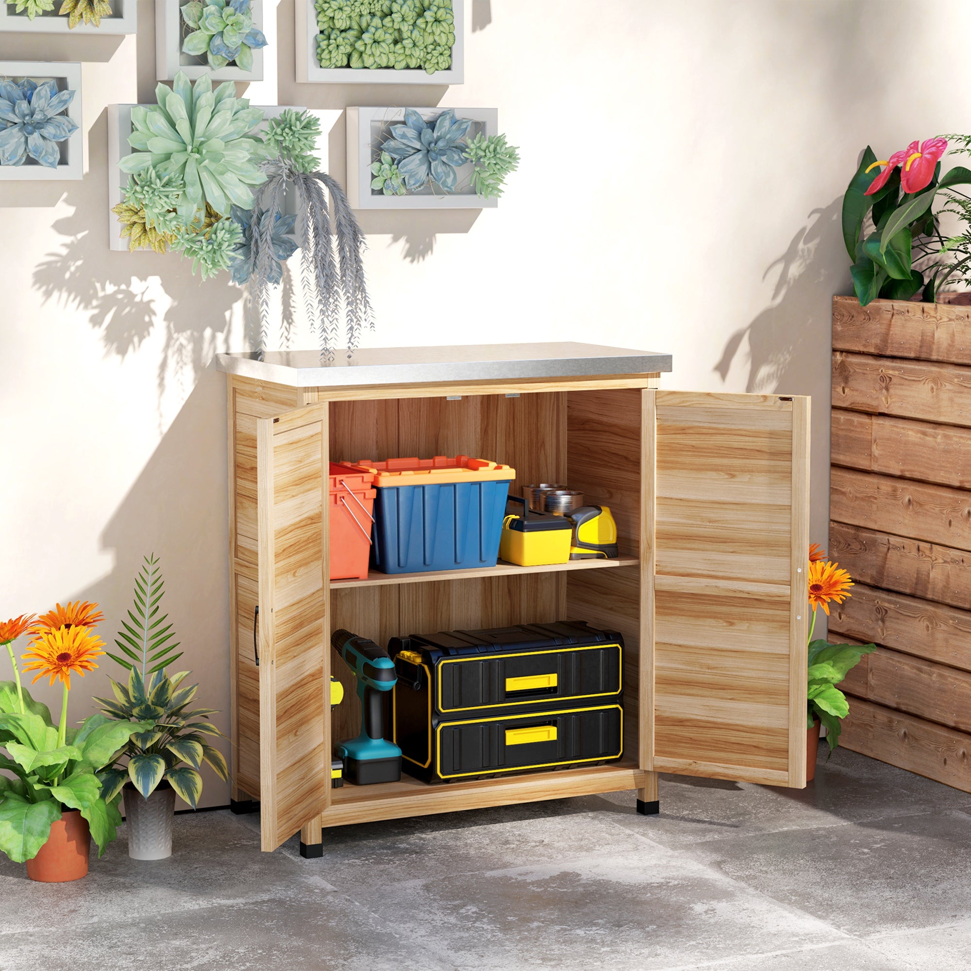 Outdoor Cabinet with Internal Shelf and Work Bench, in Wood and Galvanized Steel, 79x43x92 cm, Wood color