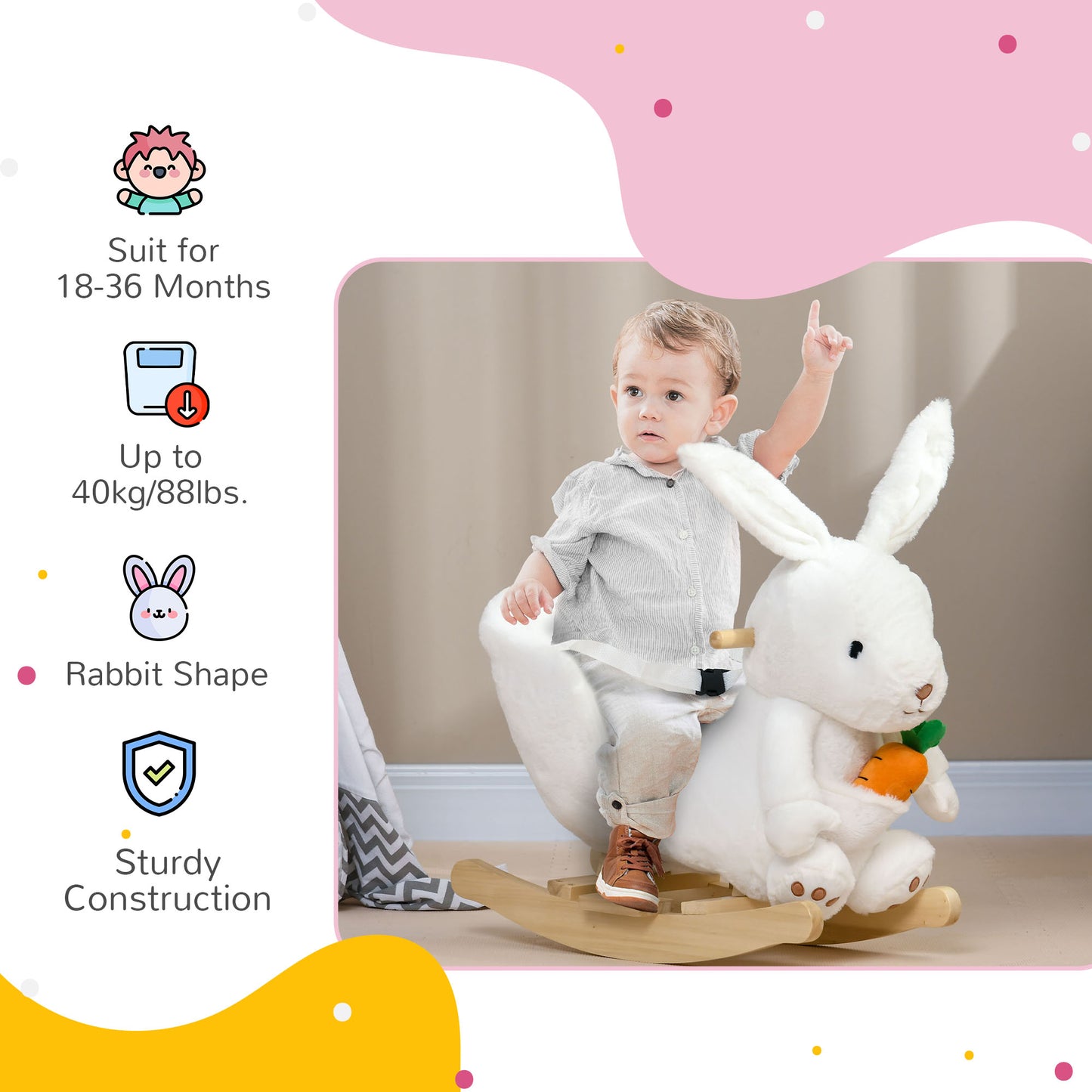 Rabbit Rocking Animal with Sounds and Safety Belt, 60x33x50 cm, White