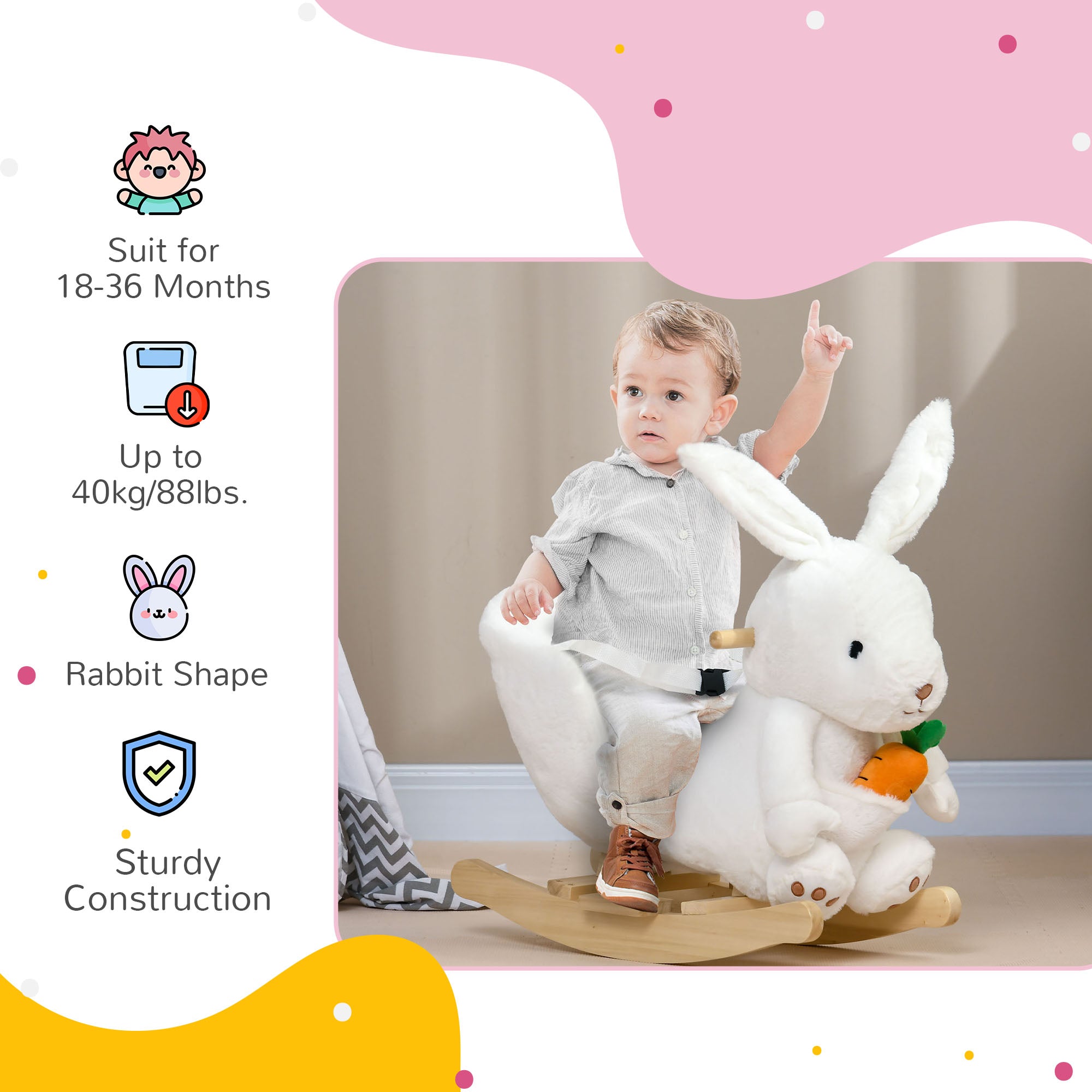 Rabbit Rocking Animal with Sounds and Safety Belt, 60x33x50 cm, White - Borgè