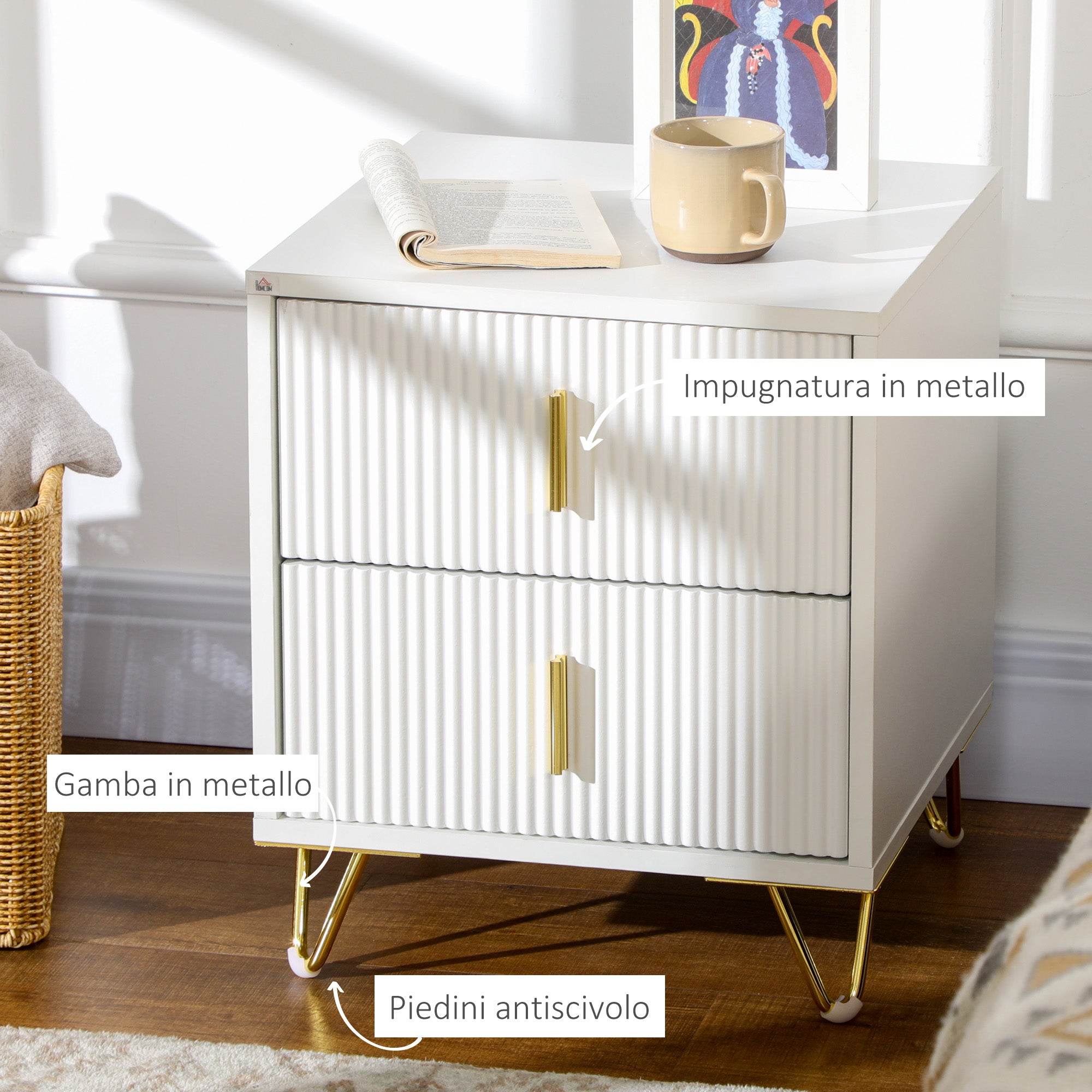 2-Drawer Wooden Nightstand with Metal Handles and Legs, 40x40x47 cm, White and Gold