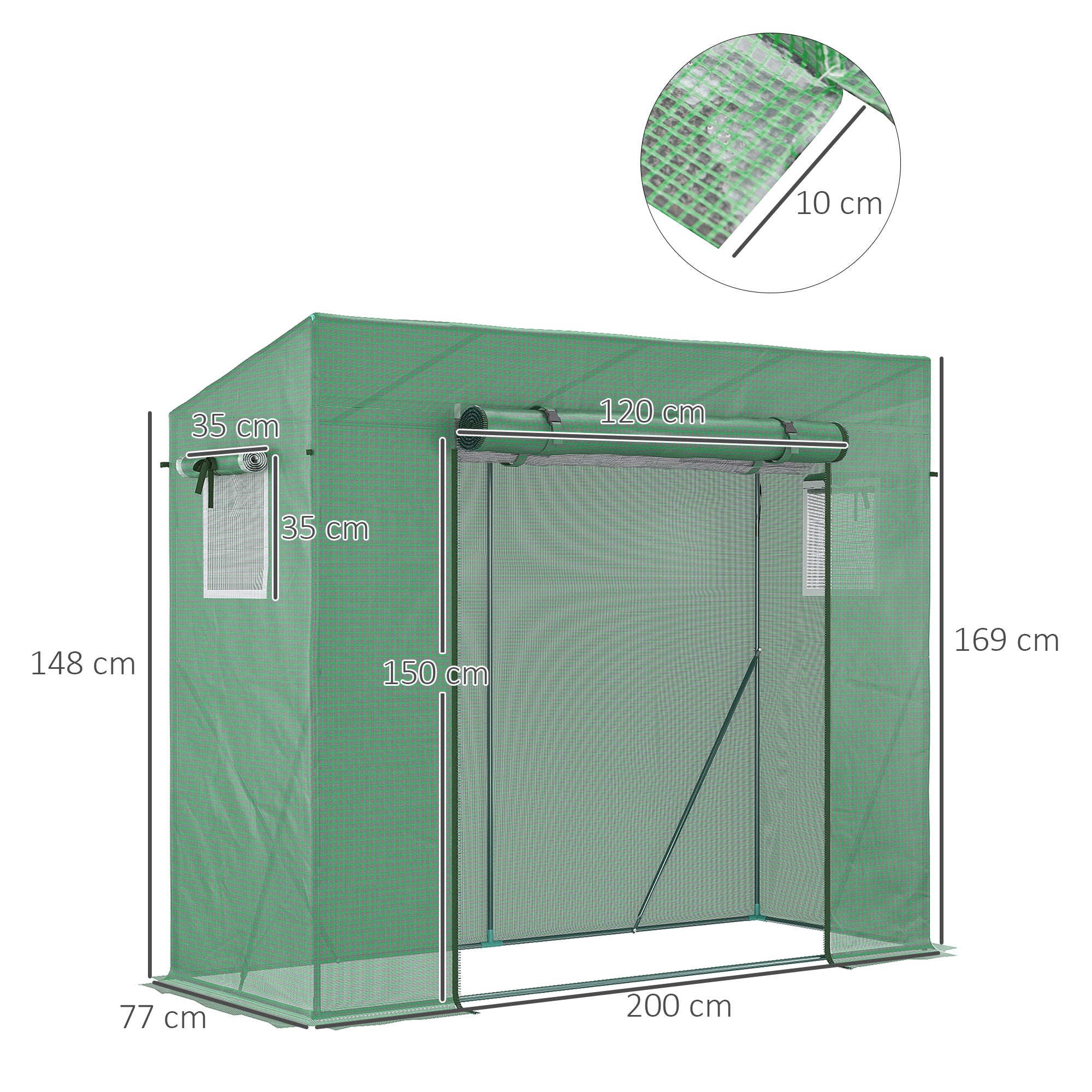 Outsunny PE and Steel Garden Greenhouse with 4 Stakes, 2 Windows and Reinforced Cover, 200x77x148-169cm