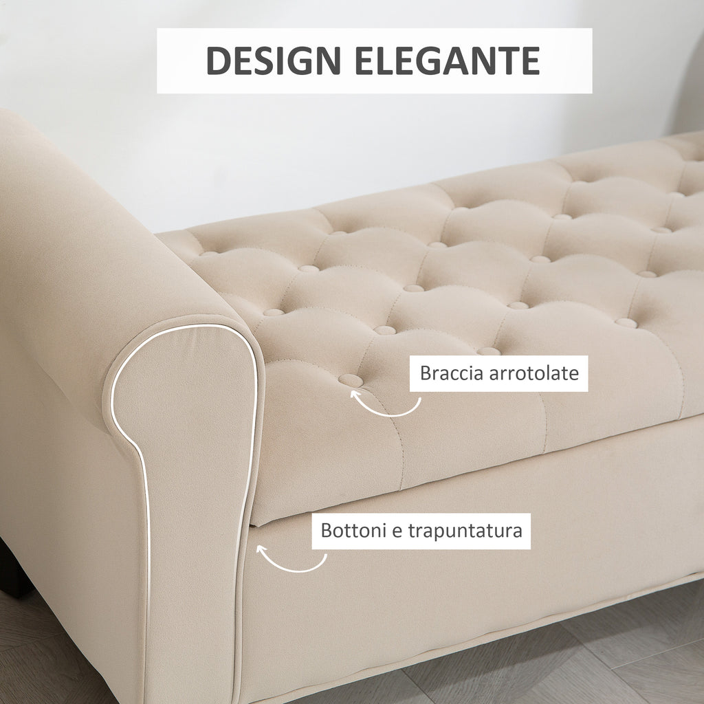 Velvet Fabric Bed End Bench with Storage Space and Armrests, 126x48.5x57 cm, Beige