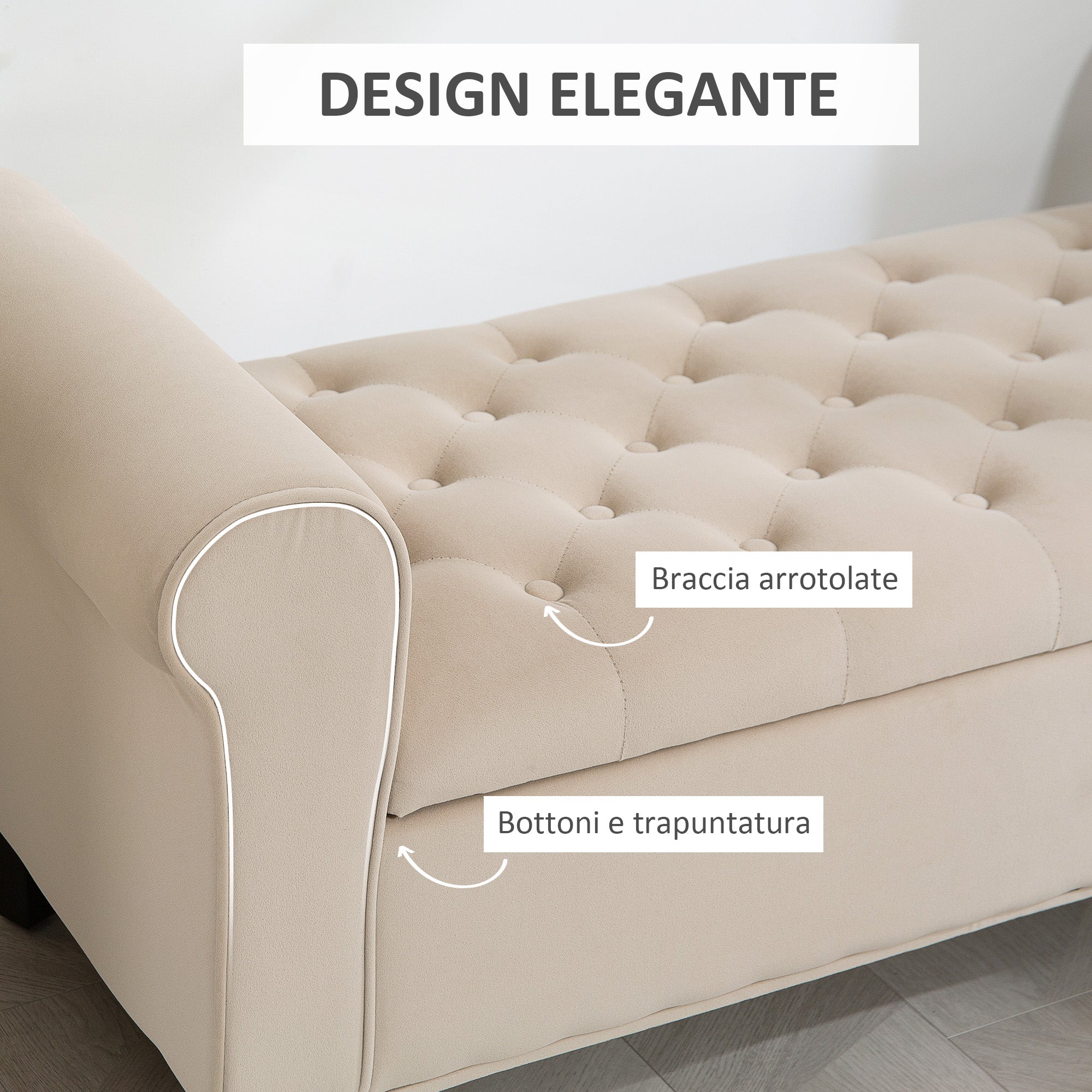 Velvet Fabric Bed End Bench with Storage Space and Armrests, 126x48.5x57 cm, Beige