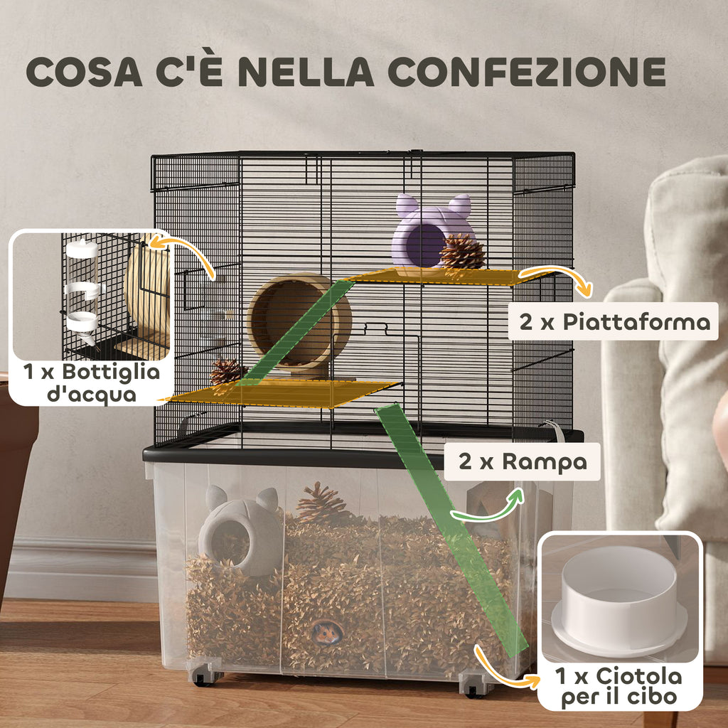 Hamster Cage 3 Floors with Wheels, 2 Platforms, Ramps, Bowl and Bottle, 58x43x74 cm, Black