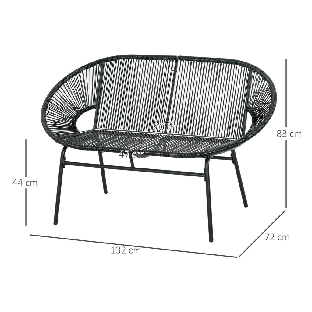 Outsunny 2-Seater Garden Sofa in PE Rattan and Steel with Cushions and Armrests, 132x72x83 cm, Black
