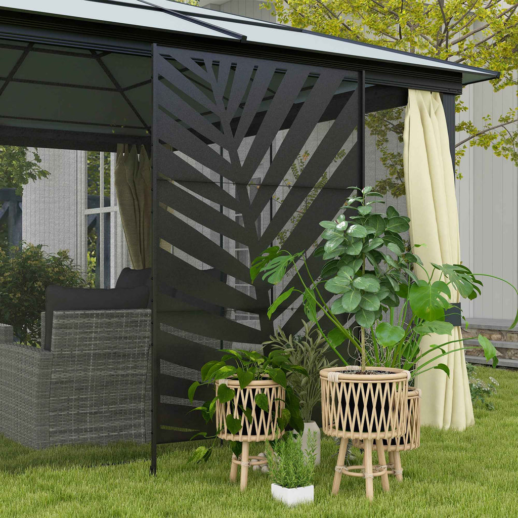 Outsunny 3-Panel Vertical Steel Room Divider with Banana Leaf Motif, 122x45x198 cm, Black