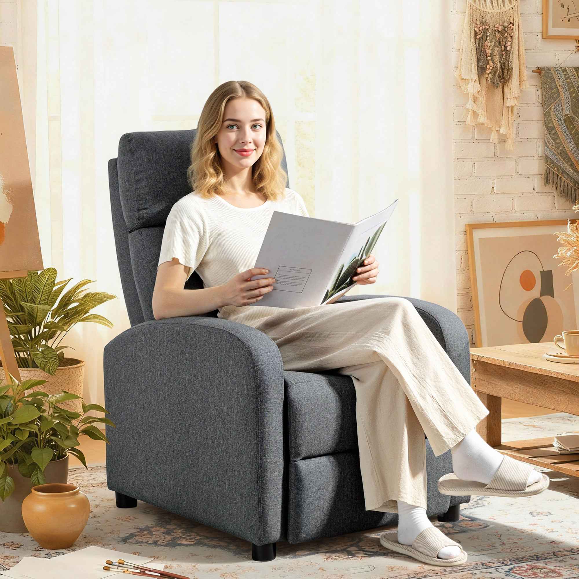 HOMCOM Padded Relaxing Chair with 135° Reclining Angle and Fabric Footrest, 69x87x100.5 cm, Grey