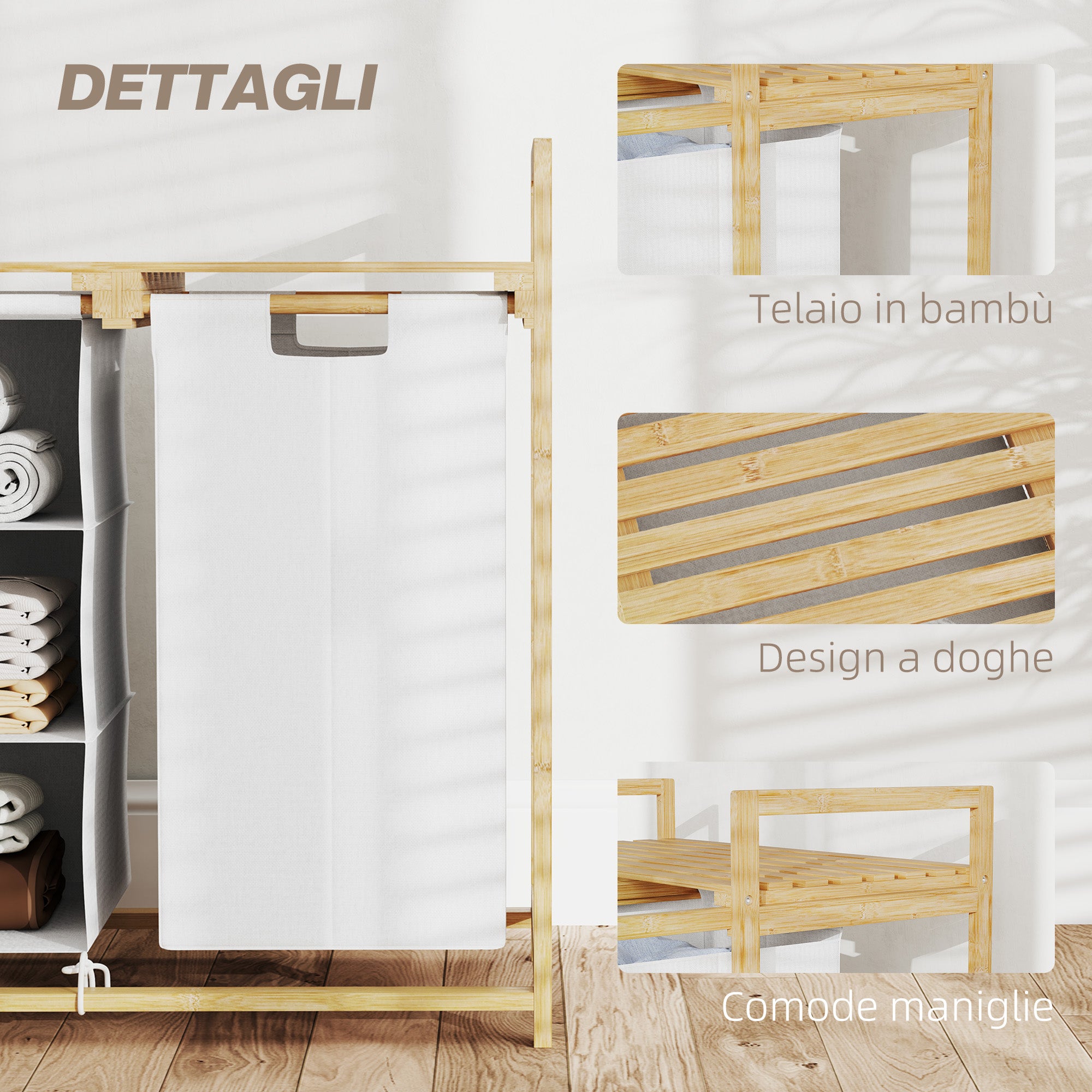 Laundry Basket with 2 Pull-Out Bags, Bamboo Handles and Shelf, 70x36x70 cm, White