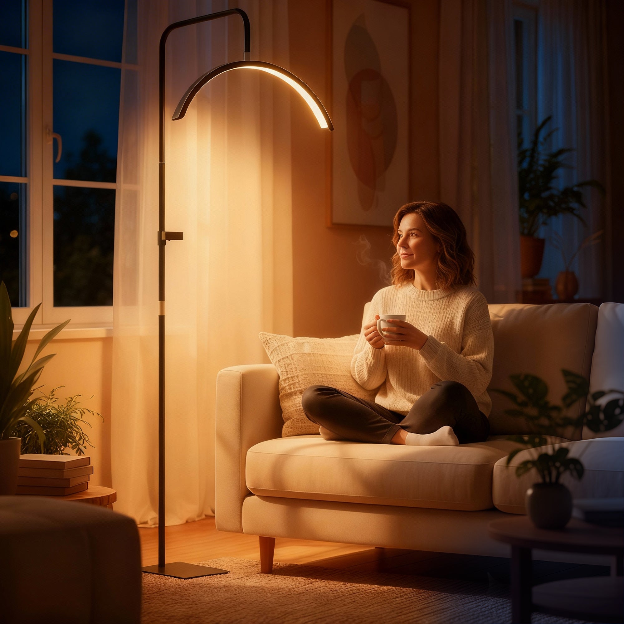 HOMCOM LED Floor Lamp with Half-Moon Head, Adjustable Height and Color Temperature, Remote Control, Black