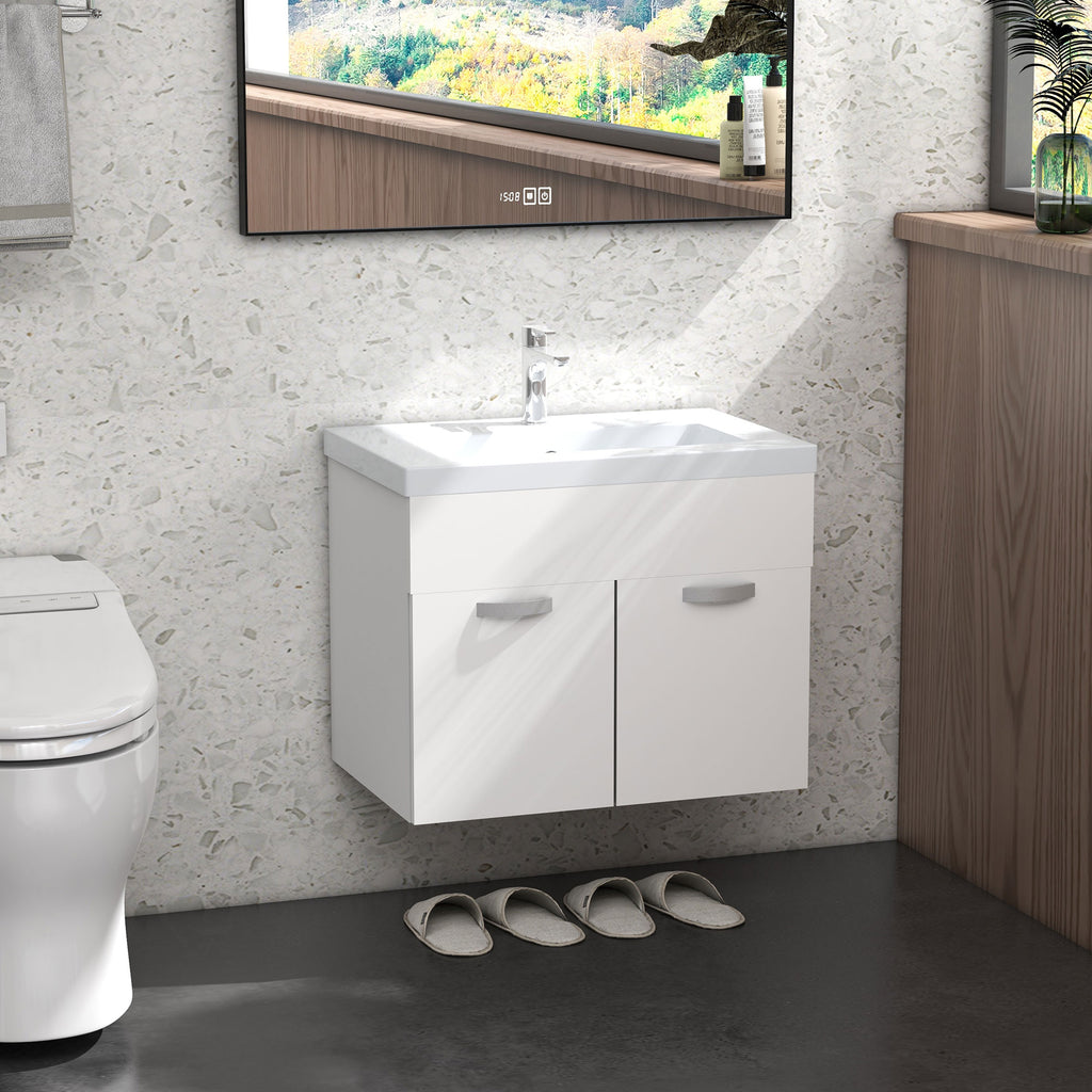 Wall-hung Bathroom Cabinet with Sink, 2-Door Cabinet with Soft-Close Hinges, 61x40x50cm, Glossy White
