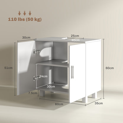 Bathroom Under-Vanity Unit with 2 Doors with Middle Shelf, MDF, 60x35x60 cm, White