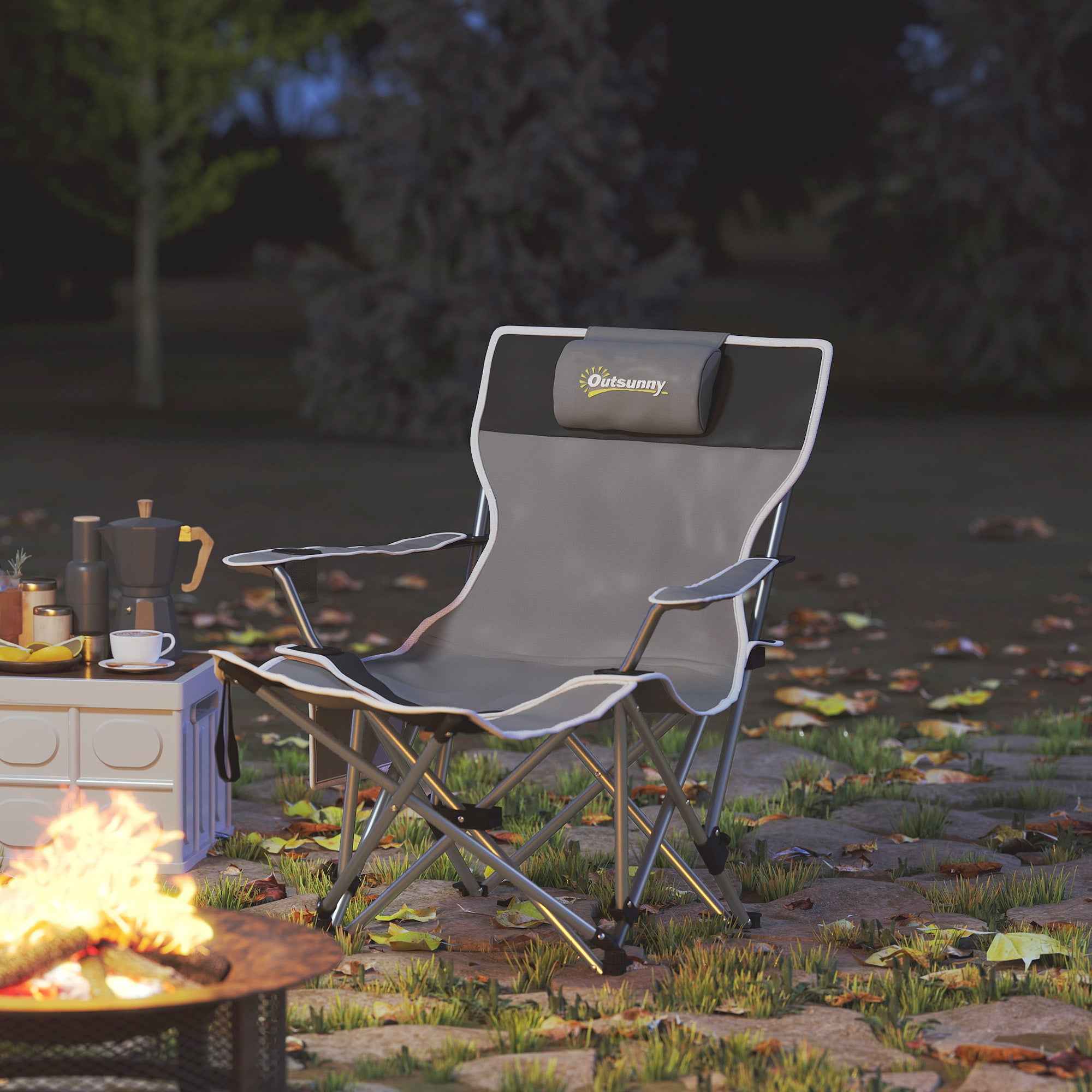 Outsunny Folding Camping Chair with Detachable Footrest, Cup Holder and Side Pocket, 82x100x88 cm, Black