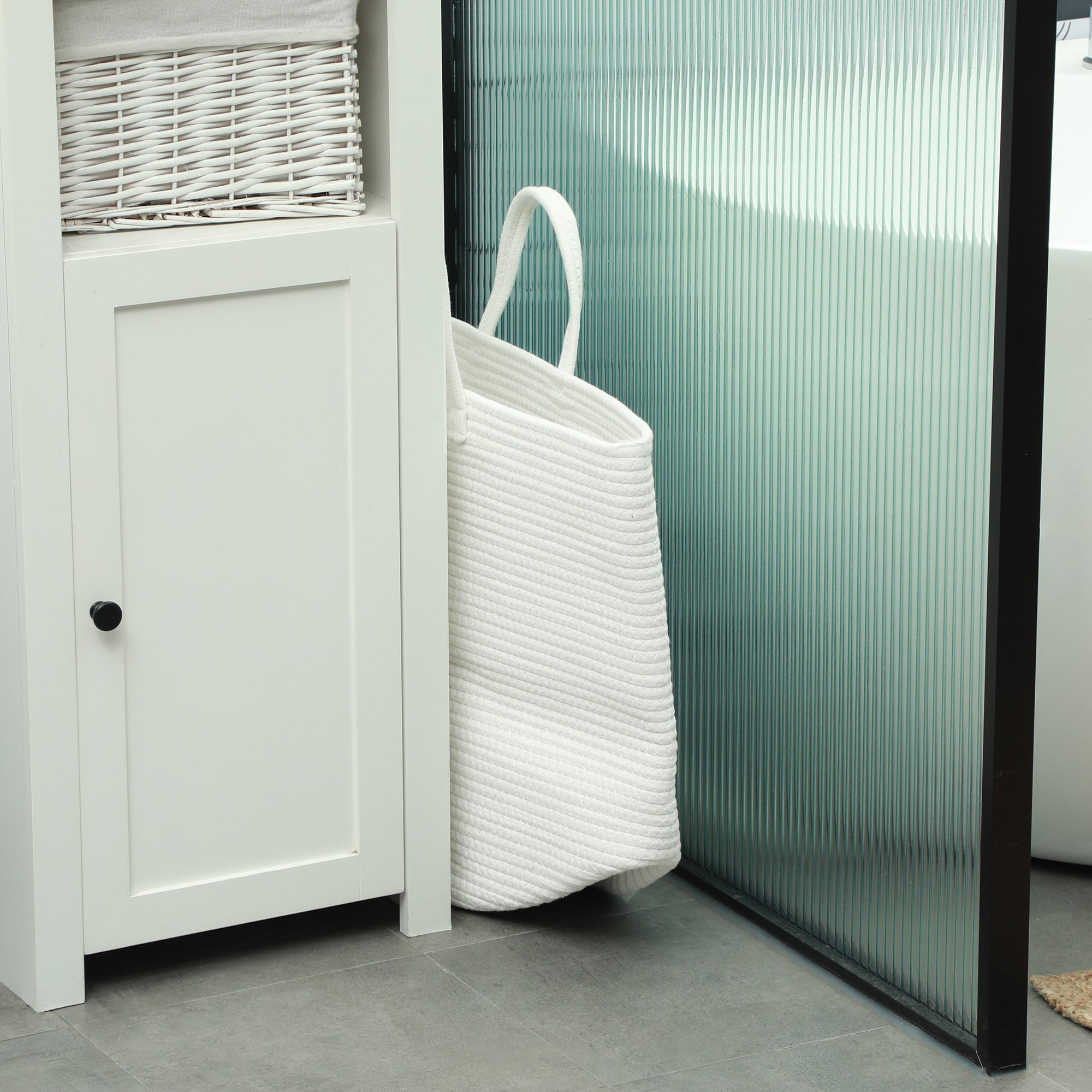 Portable and Foldable 36L Laundry Basket with Natural Cotton Handles, Ø38x45 cm, Cream
